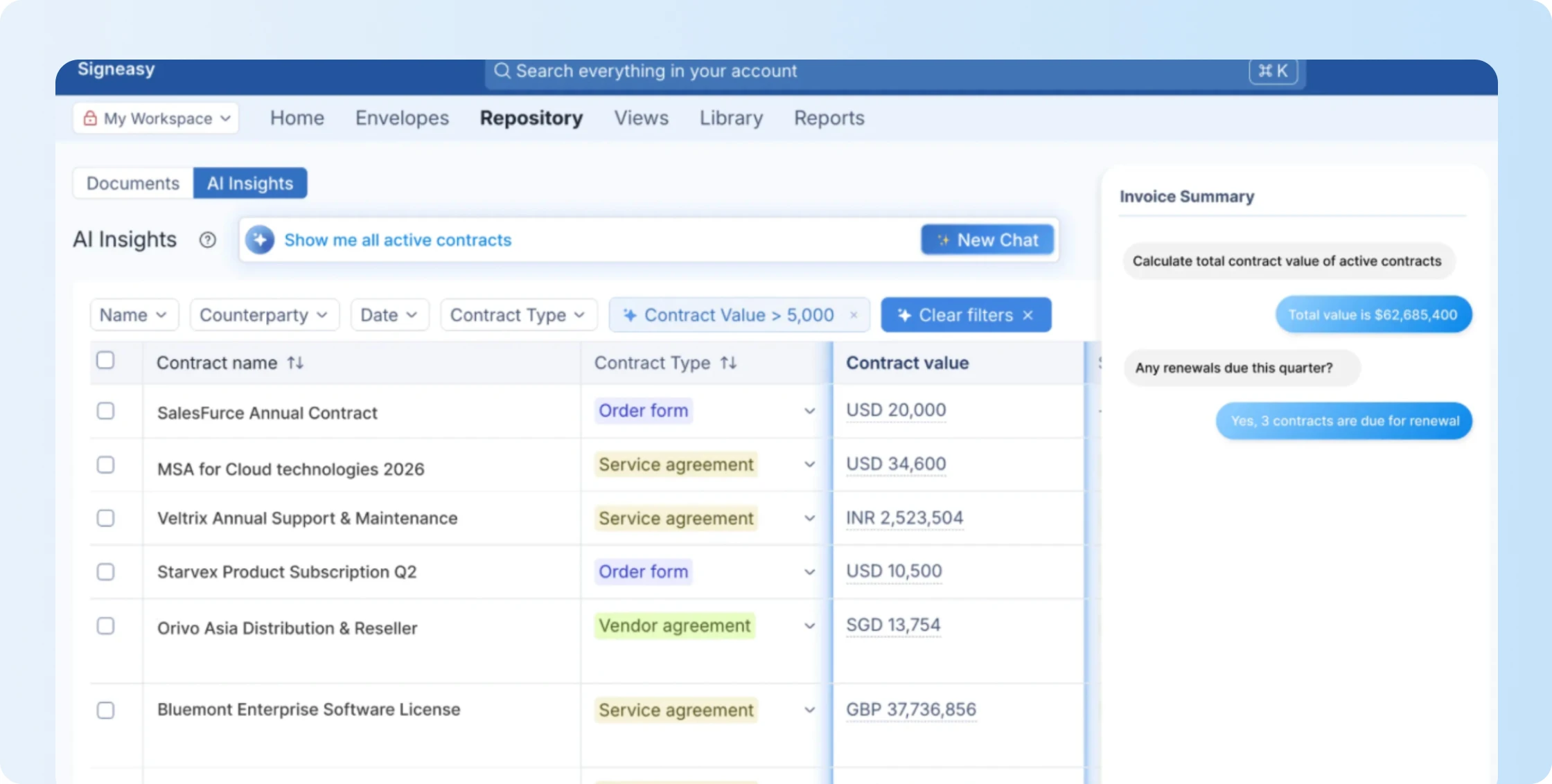 Signeasy conversational AI search extract important information from contracts