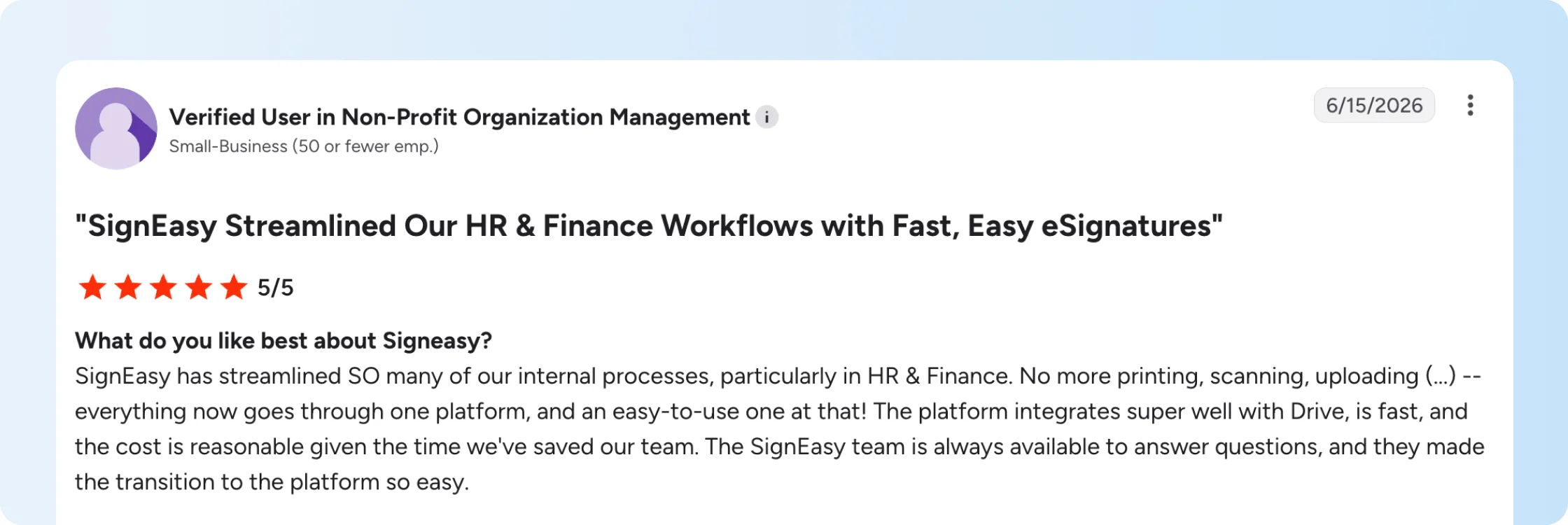 G2 review about Signeasy simplifying HR and finance signing workflows