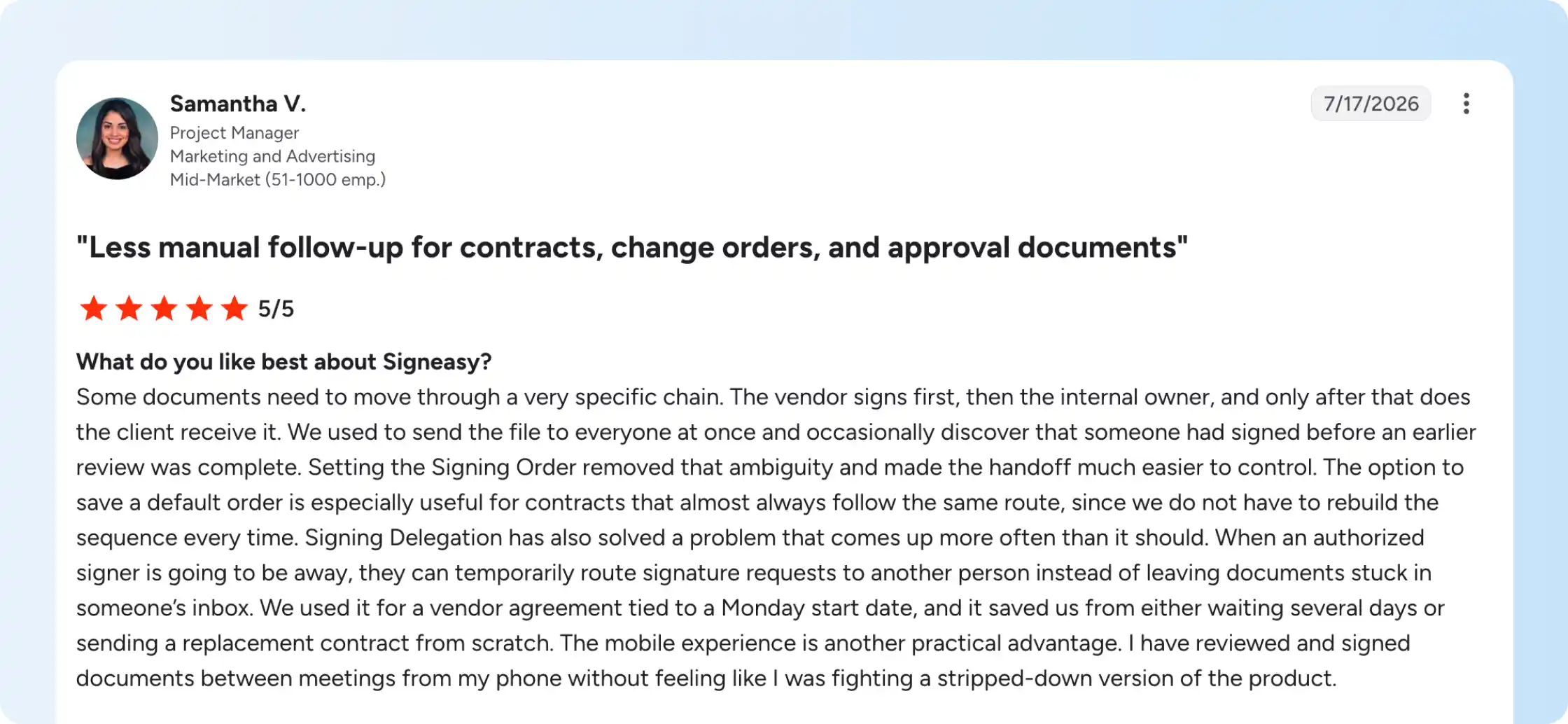 G2 review about Signeasy Signing Order and Signing Delegation features