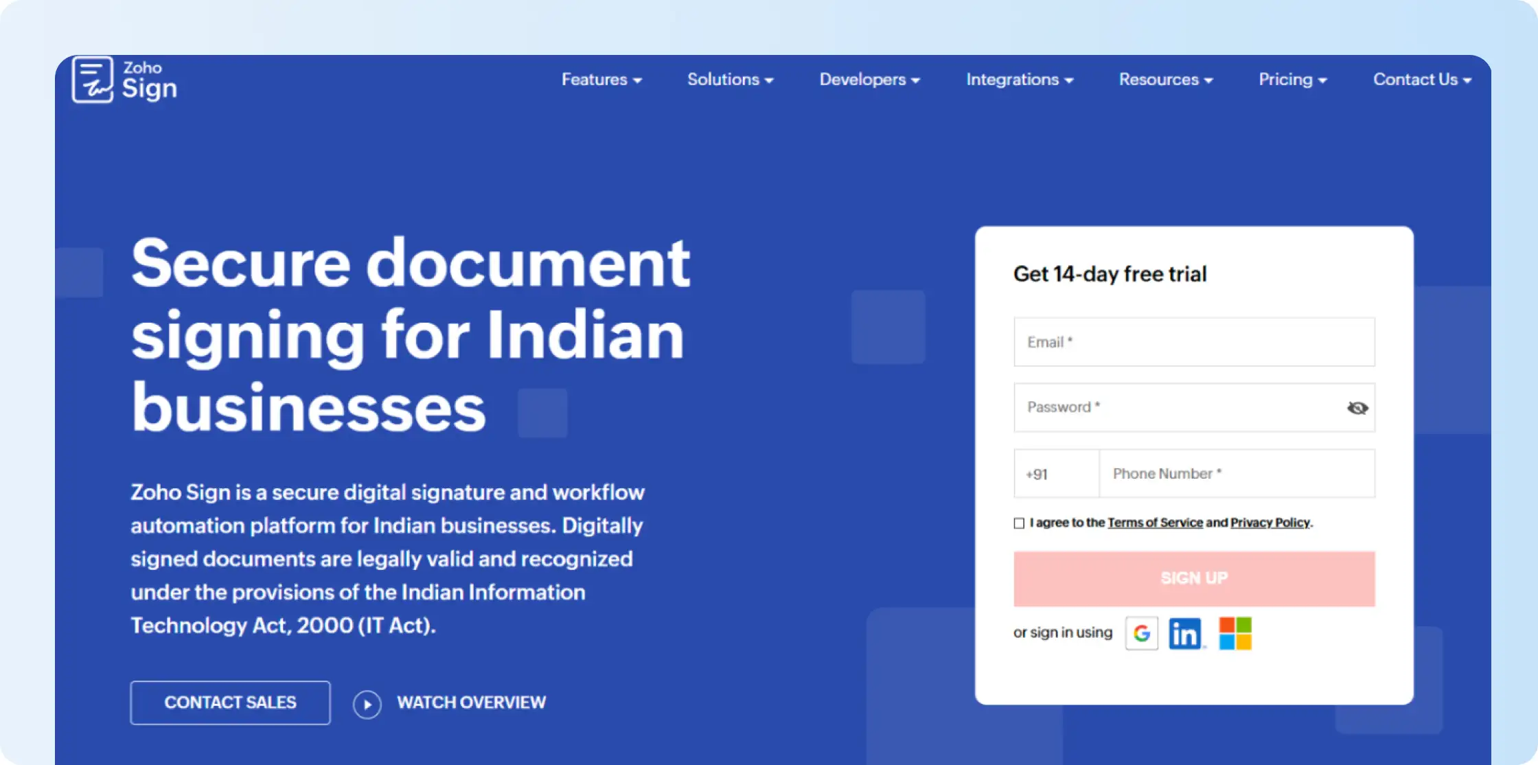 ZohoSign home page