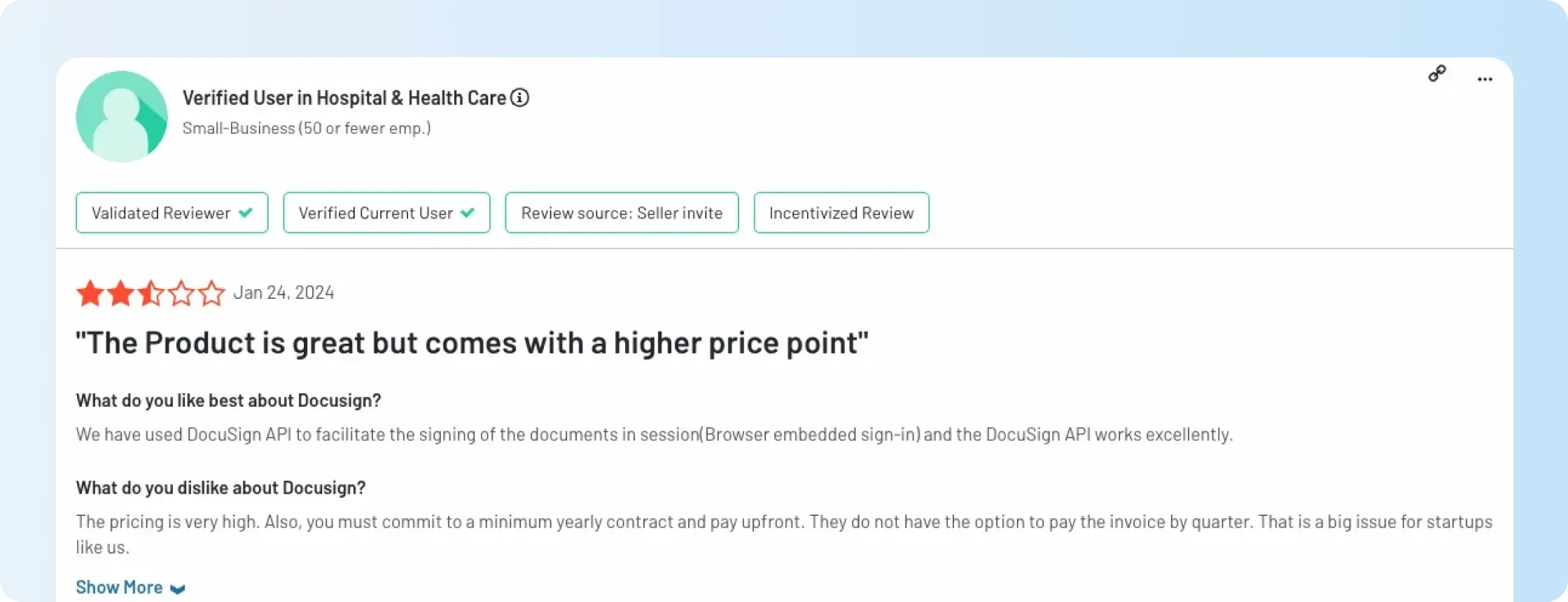 G2 review on Docusign yearly contracts