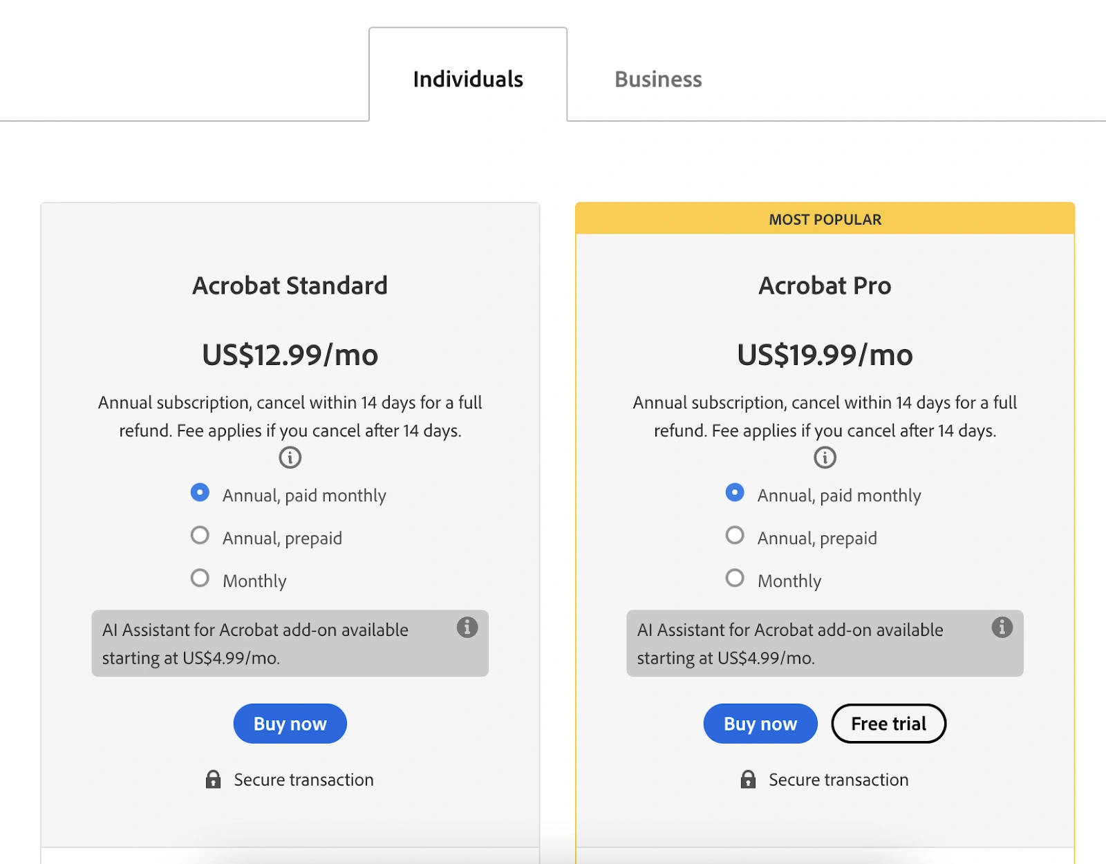 Adobe Sign pricing plans for Individuals