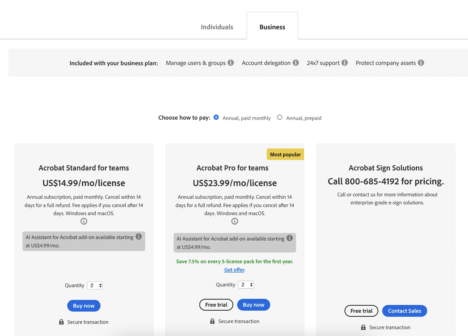 Adobe Sign pricing plans for Businesses