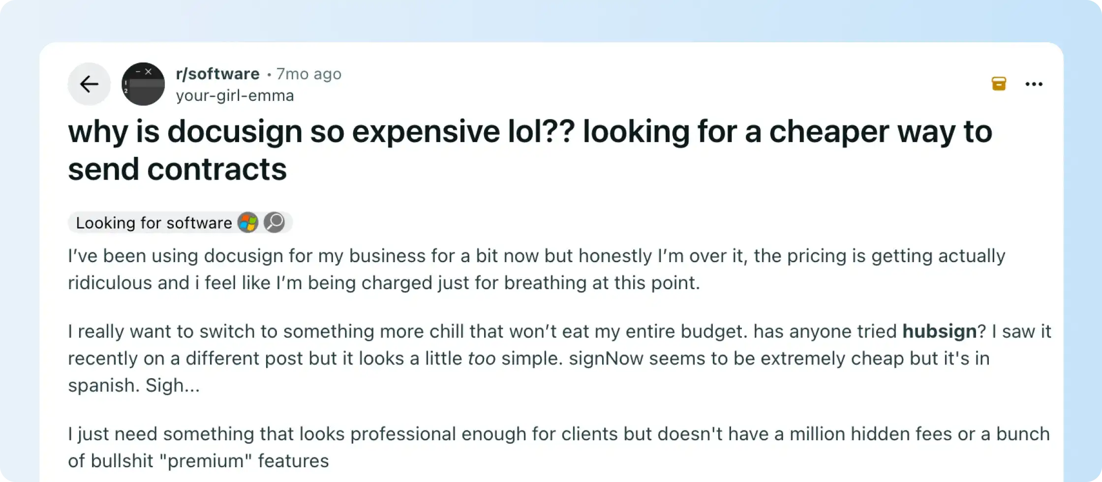 Reddit discussion about Docusign pricing and usage costs
