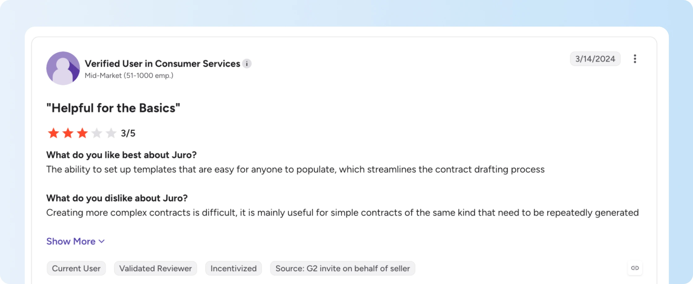 G2 review discussing complex contract creation in Juro
