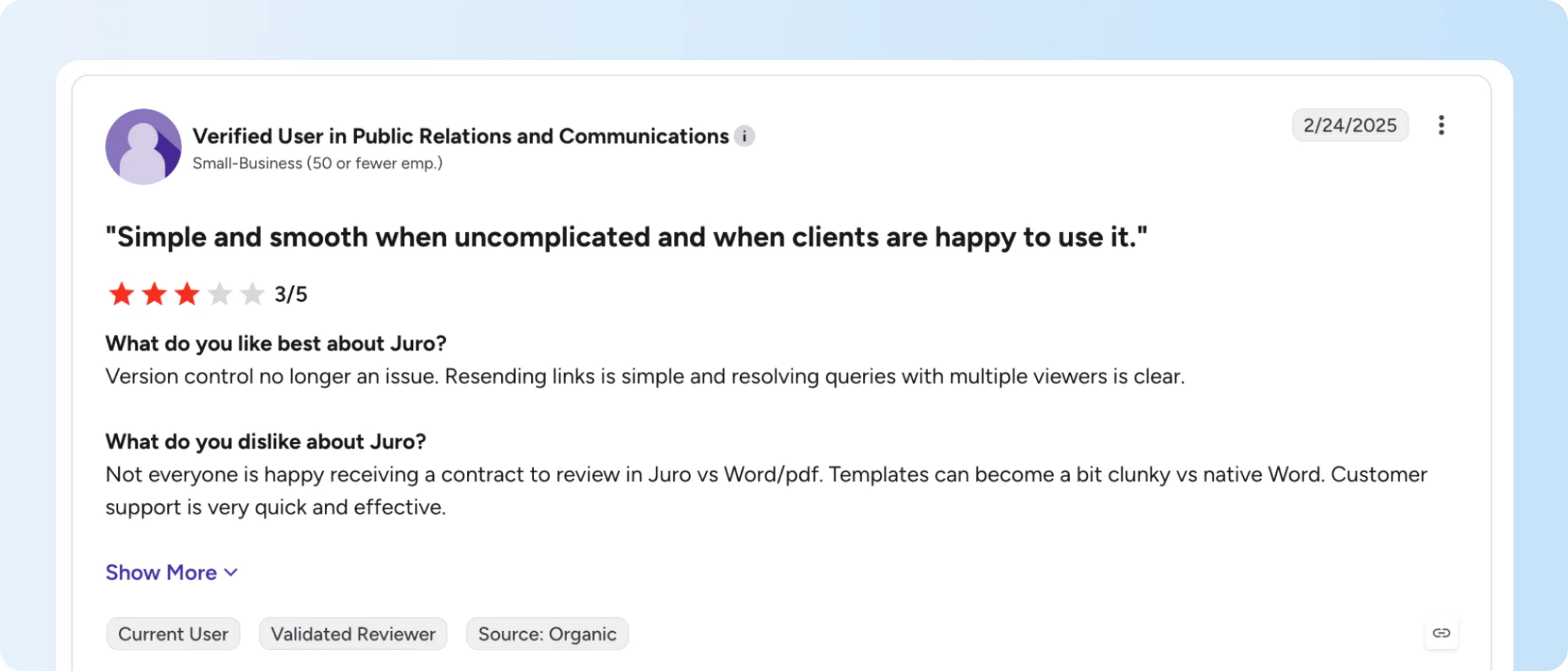 G2 review discussing Word and PDF contract workflows in Juro