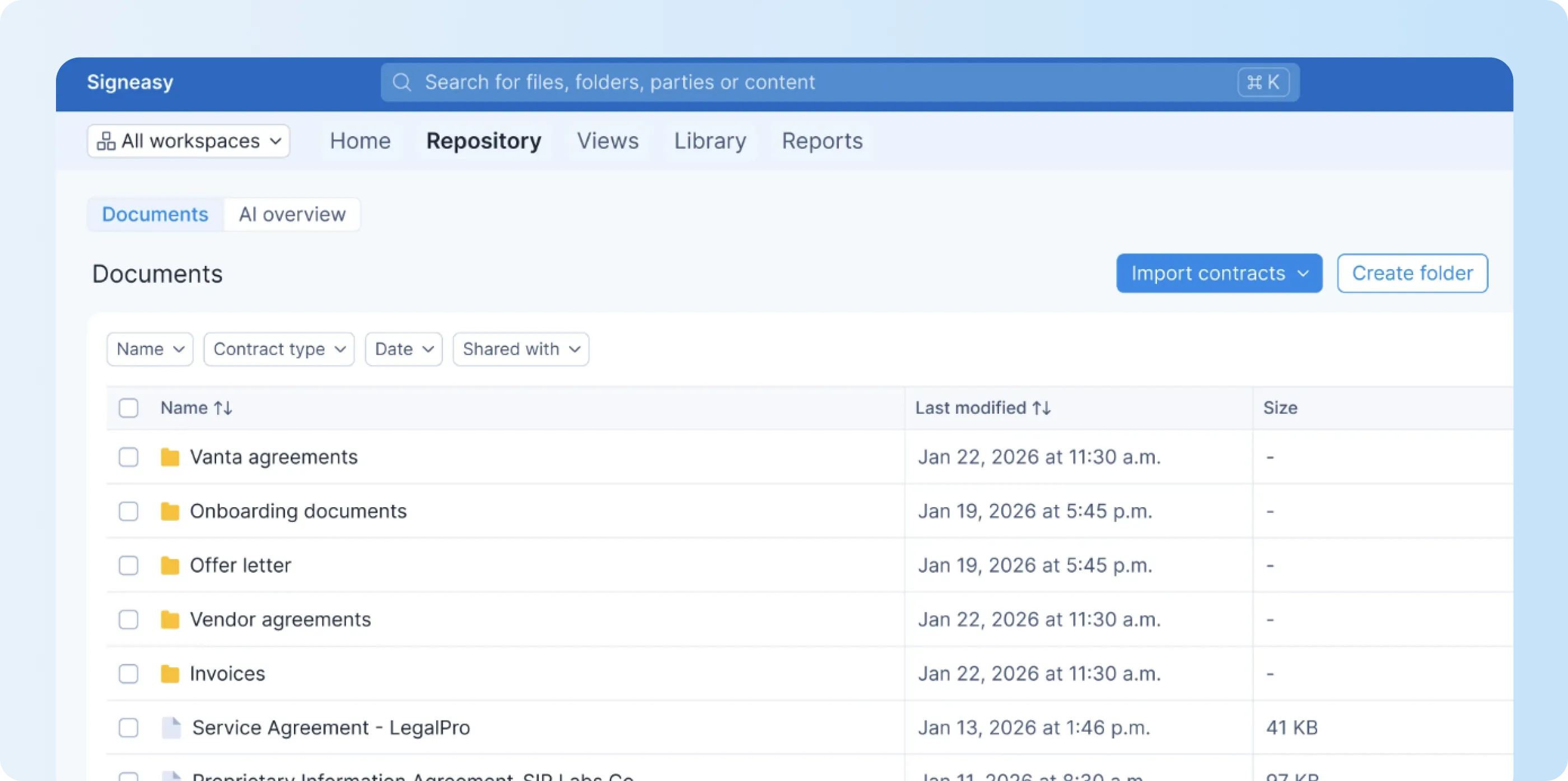 Signeasy centralized contract repository for signed contracts