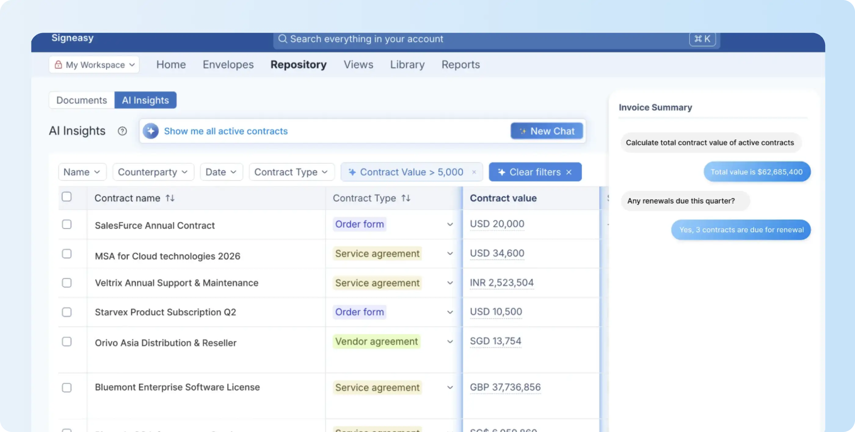 Signeasy Conversational AI Search across stored contracts