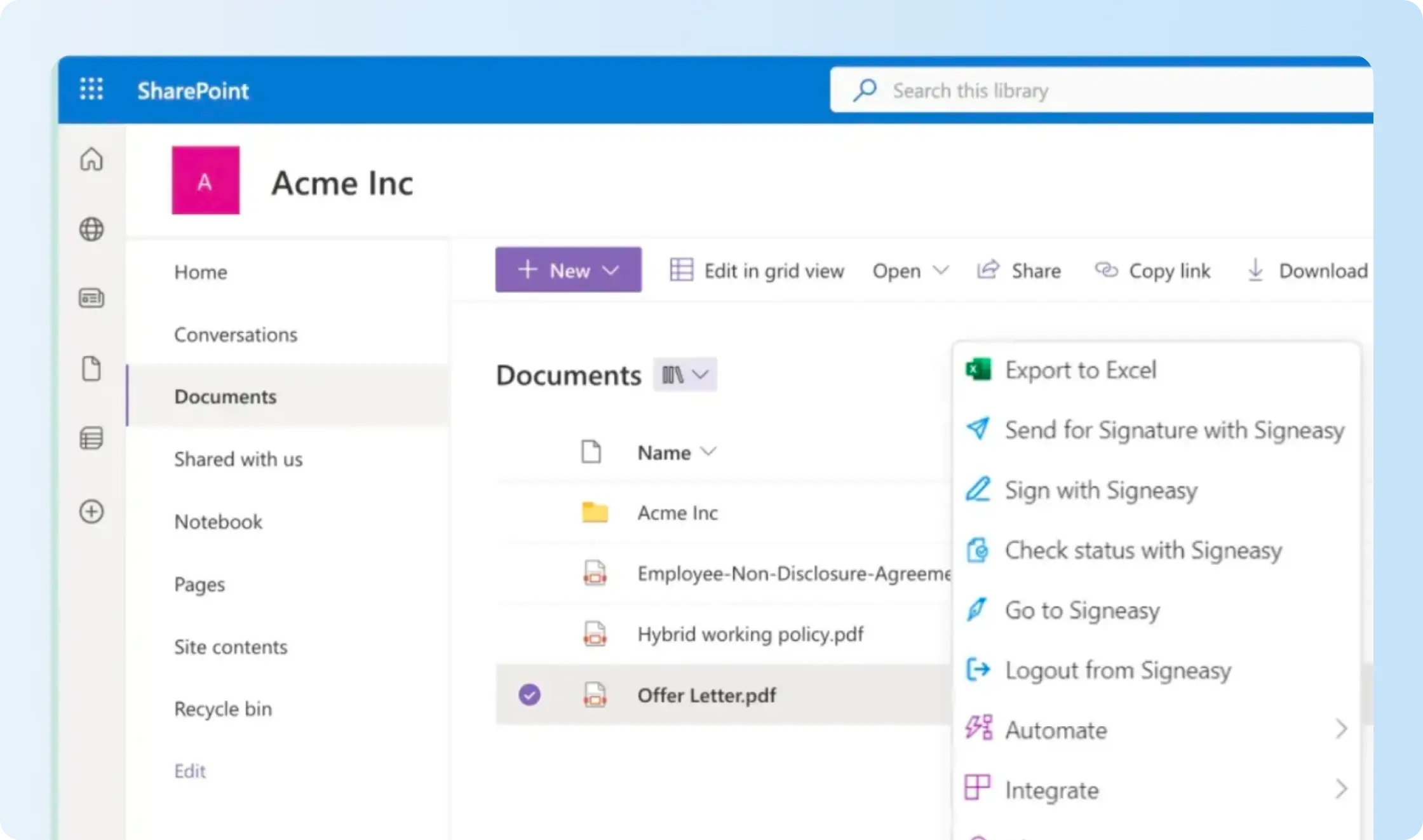 Signeasy menu for sending a document for signature from SharePoint