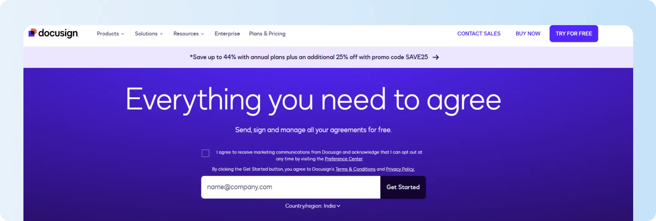 Docusign eSignature website showing an agreement request