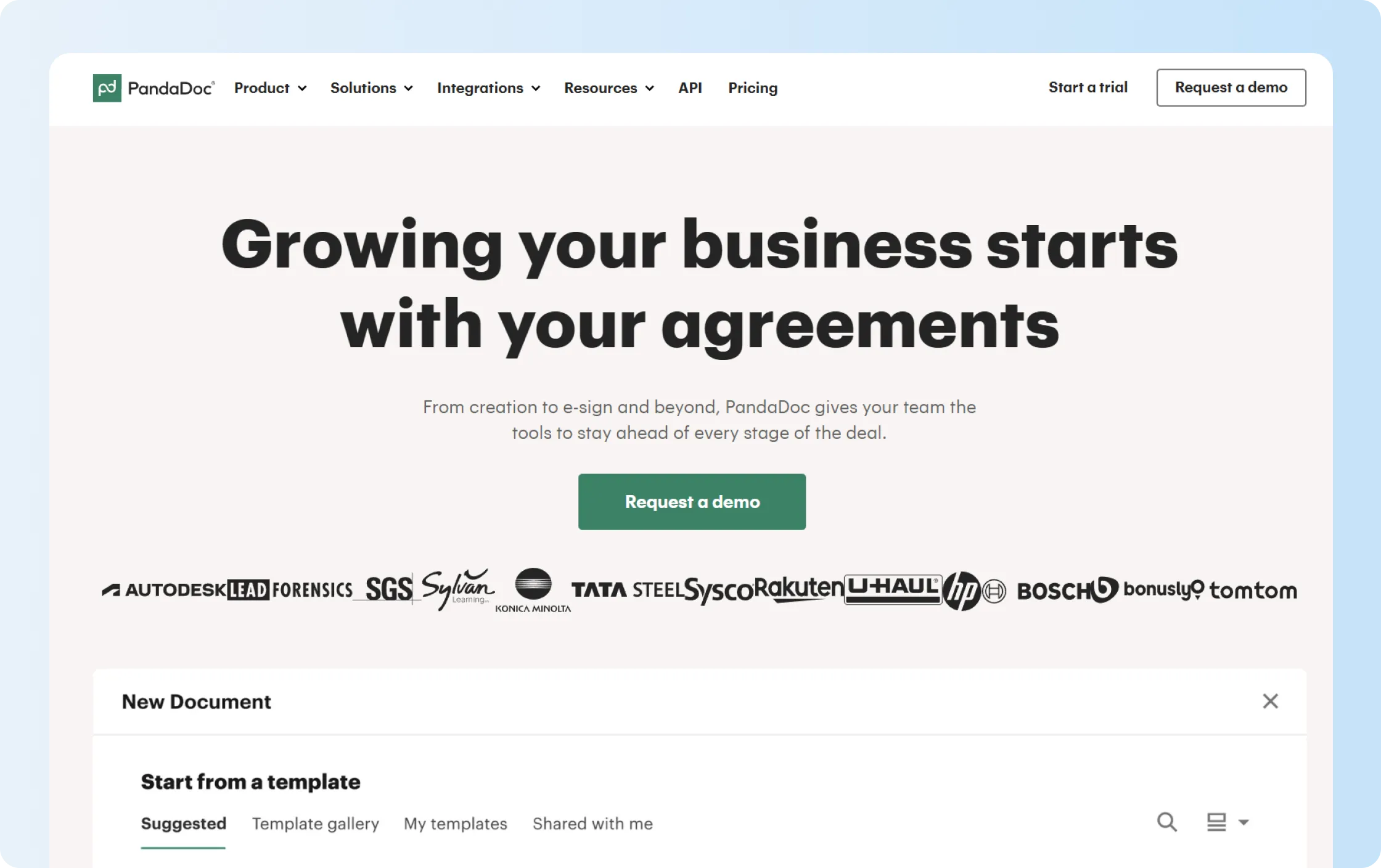 PandaDoc website showing document creation and agreement workflows