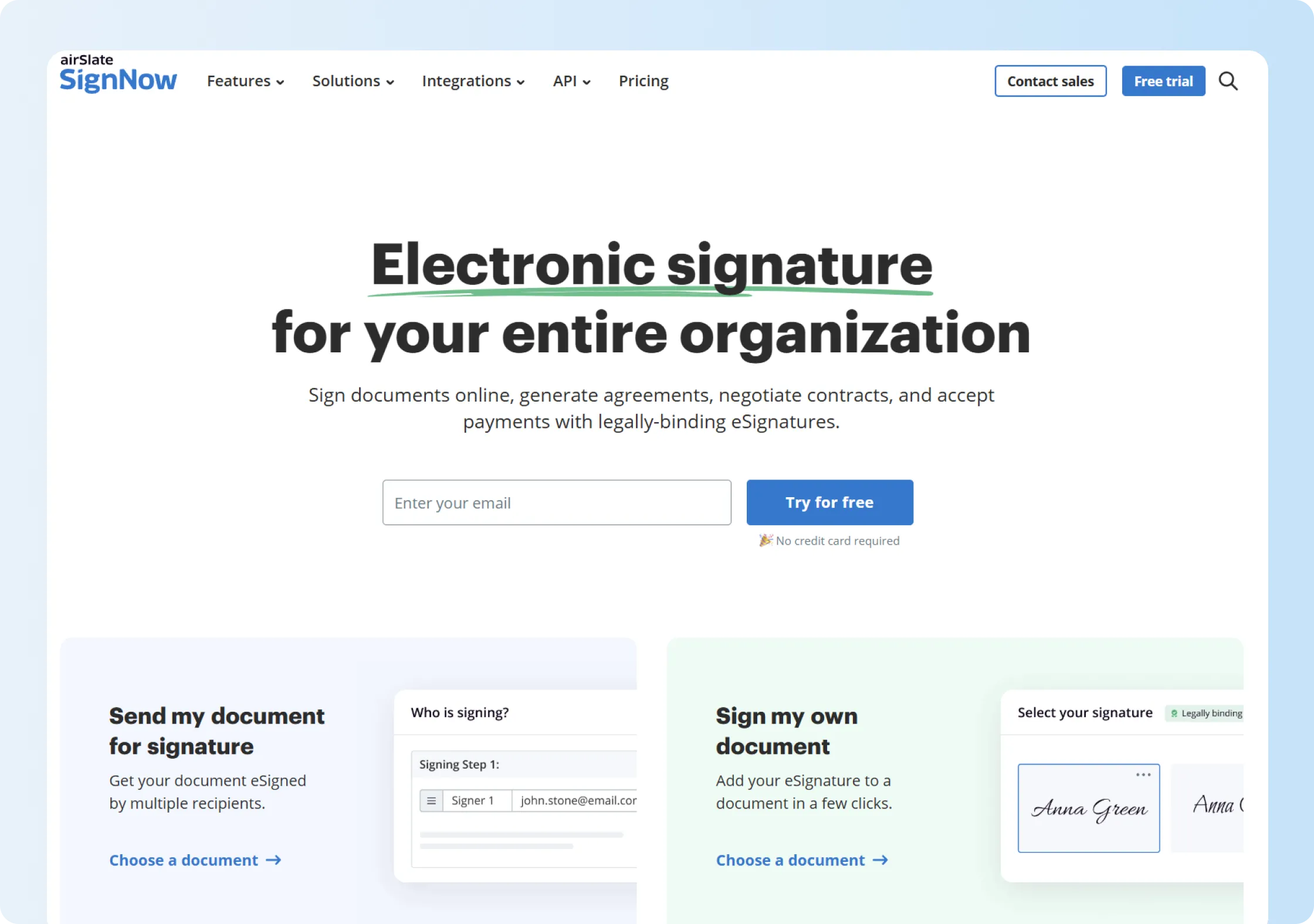SignNow website highlighting electronic signatures and document sending