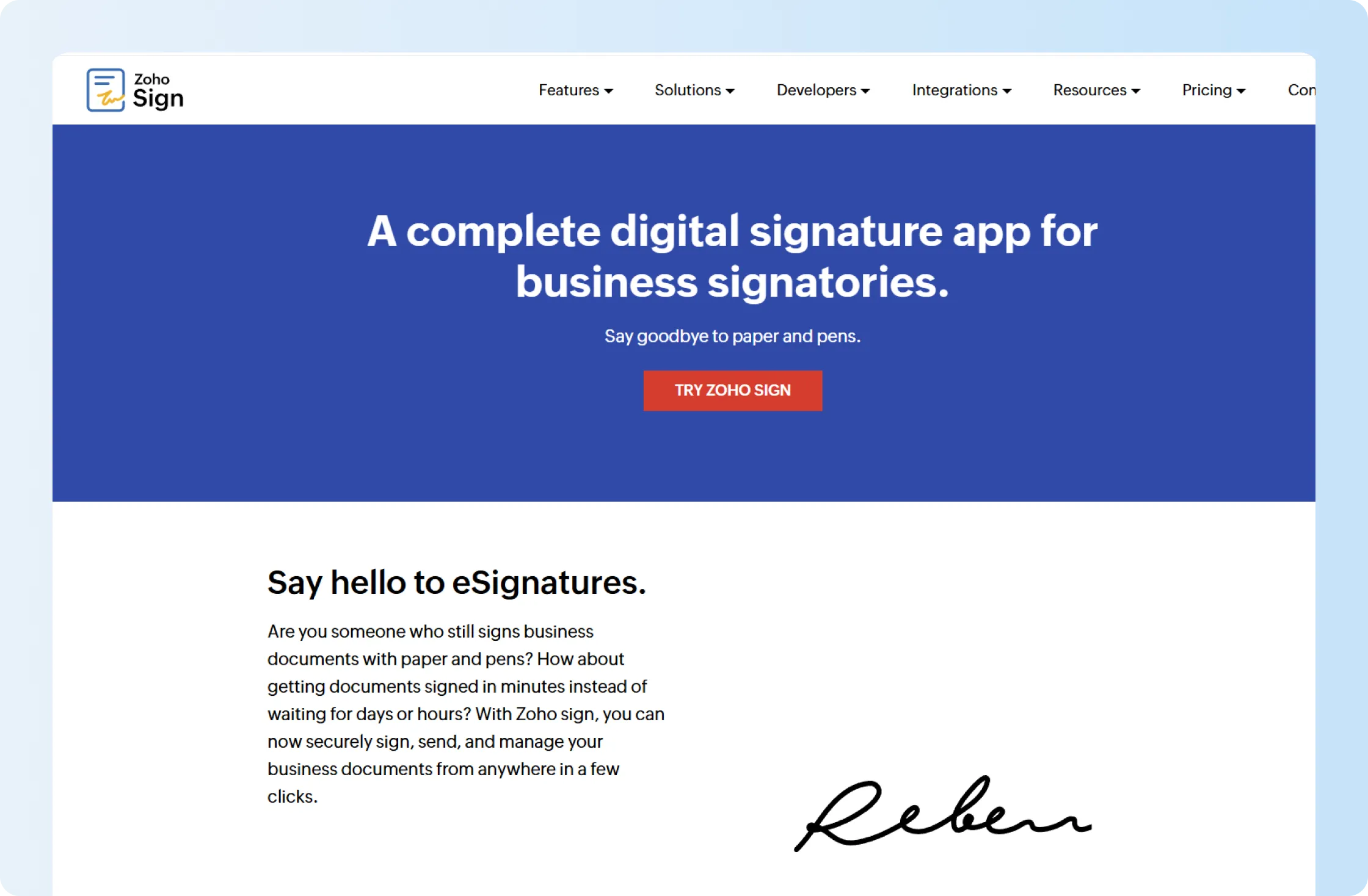Zoho Sign website showing electronic signature workflows