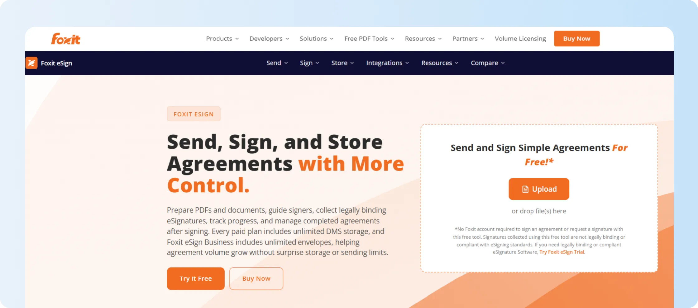 Foxit eSign website showing document signing and storage