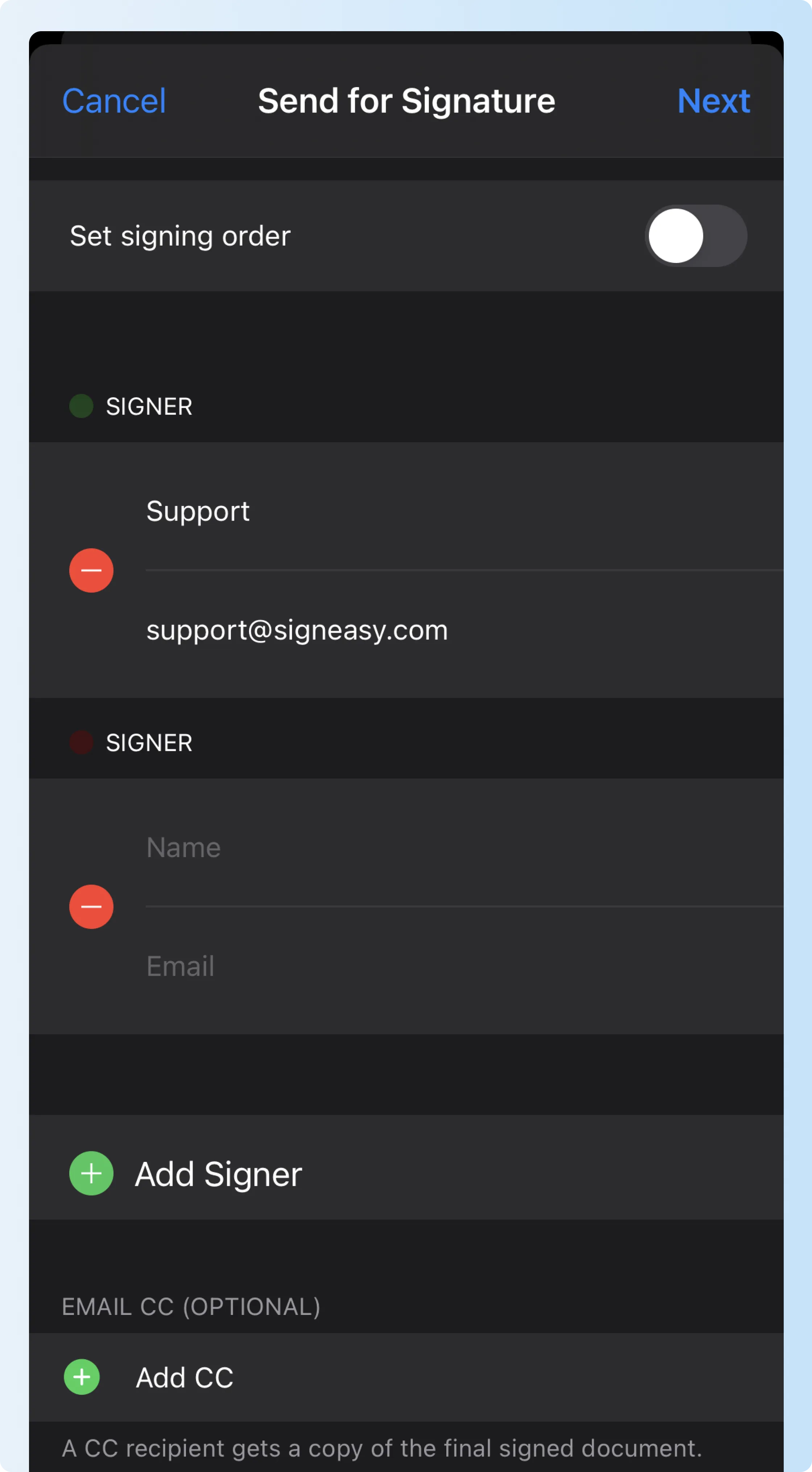 Signeasy iOS app for sending signature requests