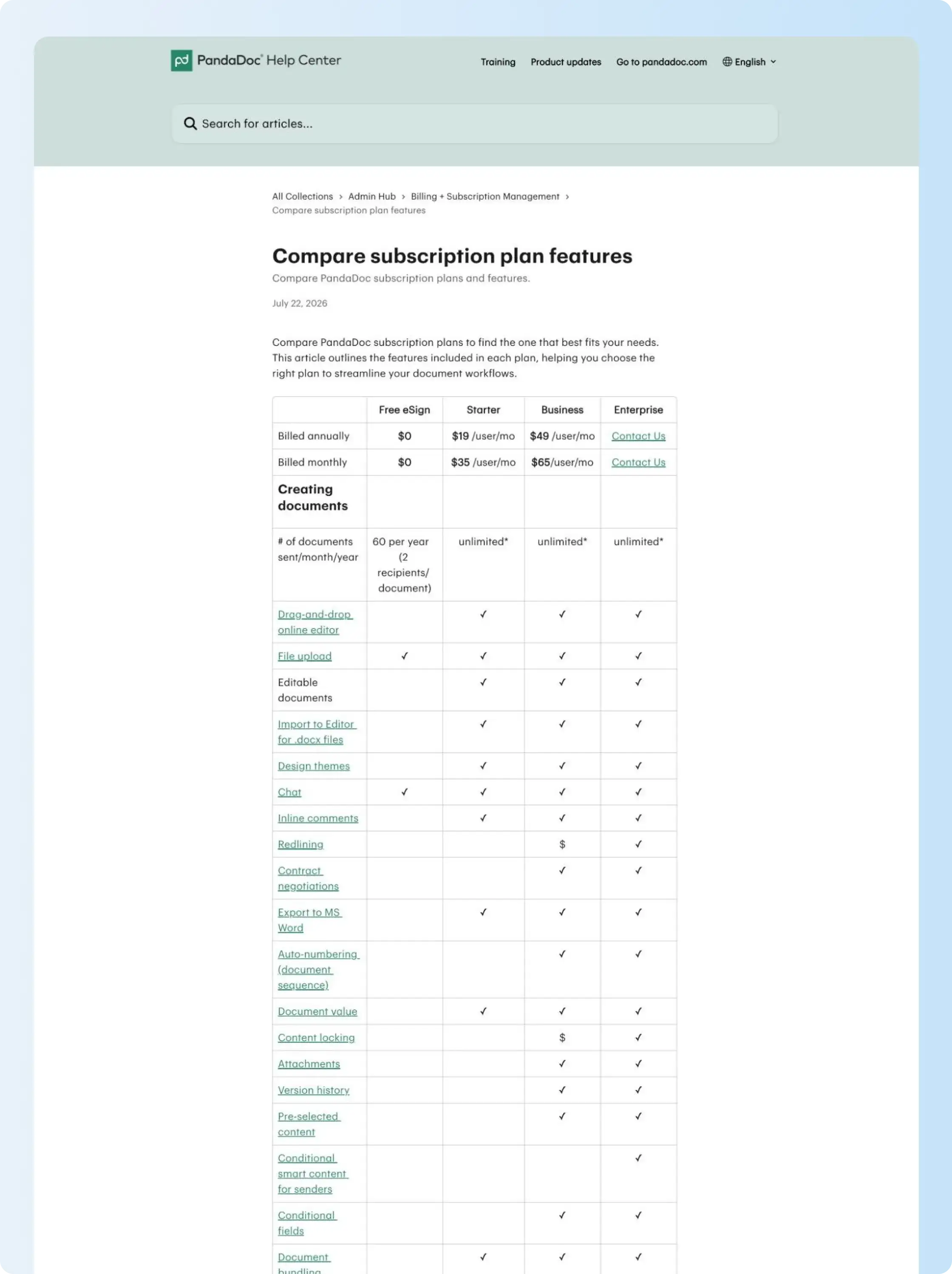 PandaDoc Business pricing with paid redlining and content locking