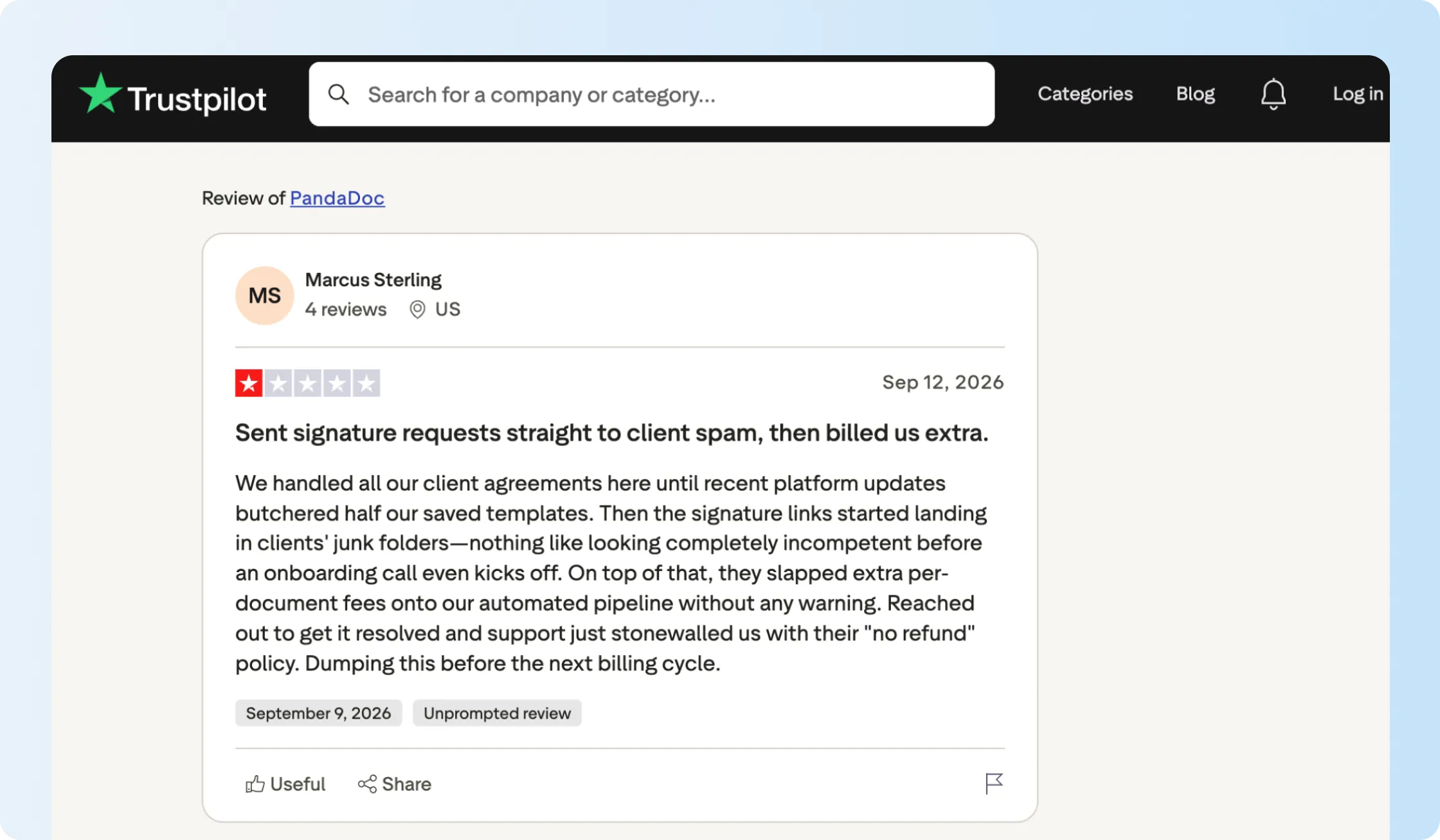 PandaDoc review discussing signature emails reaching spam folders
