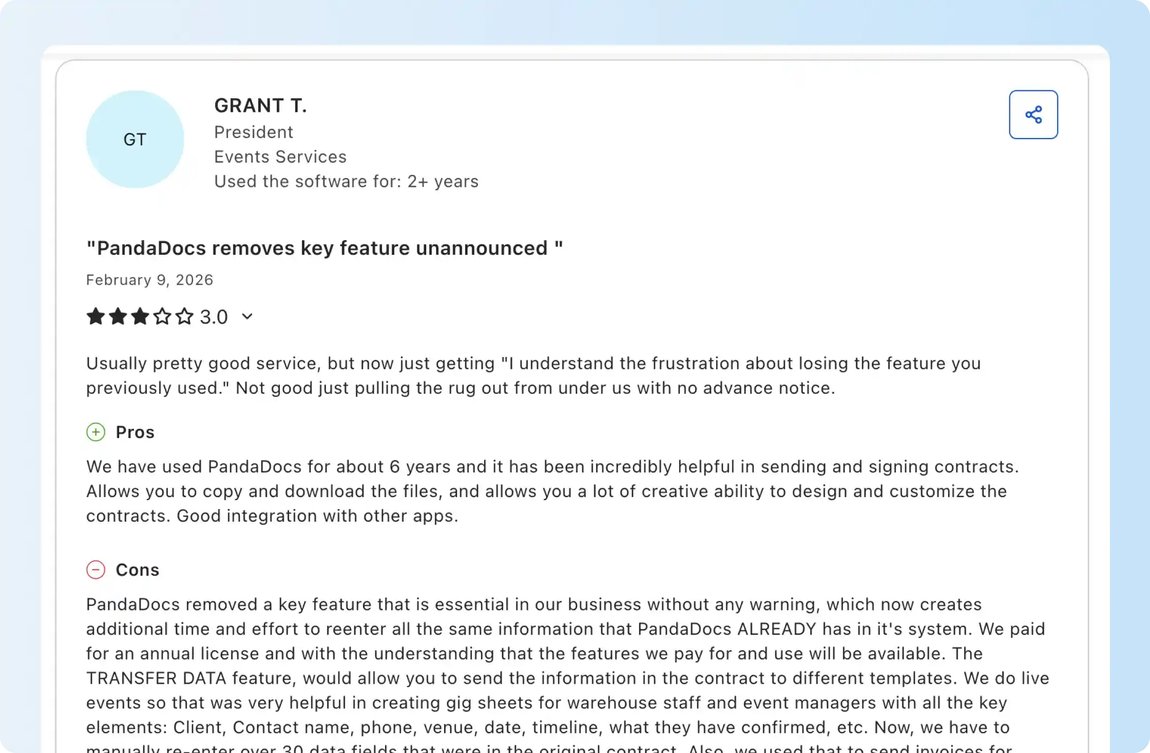 PandaDoc review discussing removal of a workflow feature