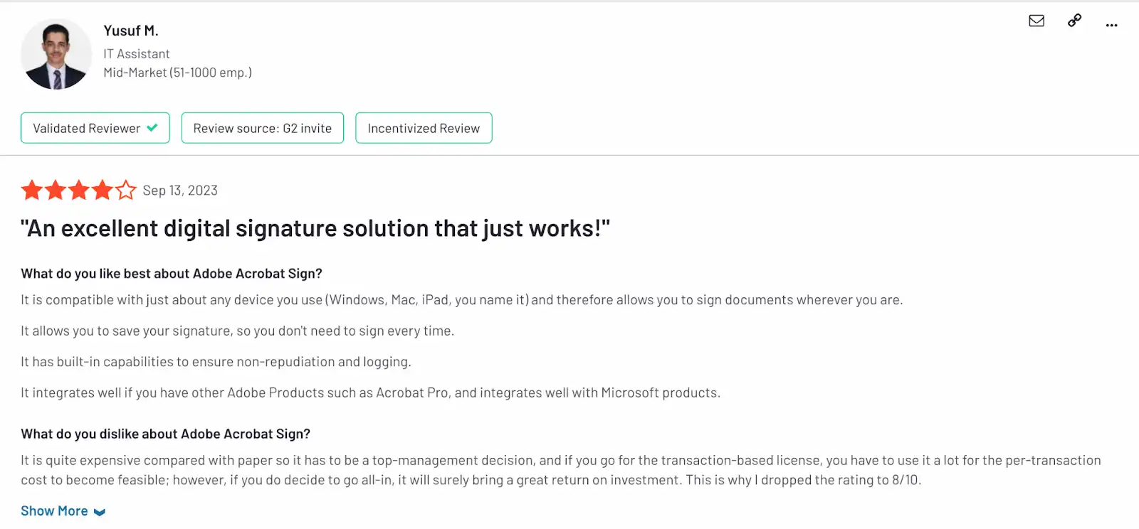 Adobe Sign G2 review highlighting features, integrations, and pricing