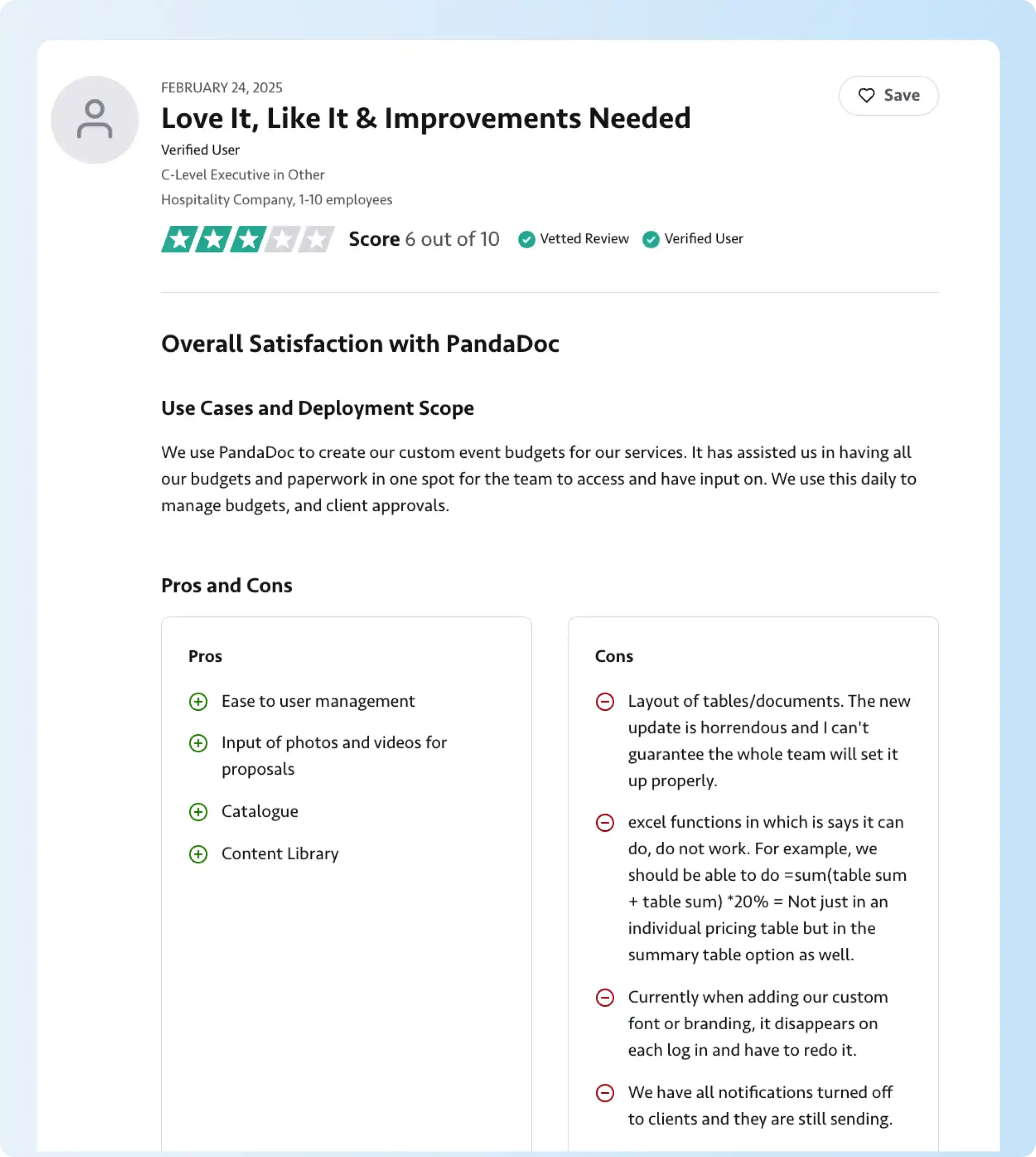  PandaDoc user feedback on document editing, tables, and page formatting