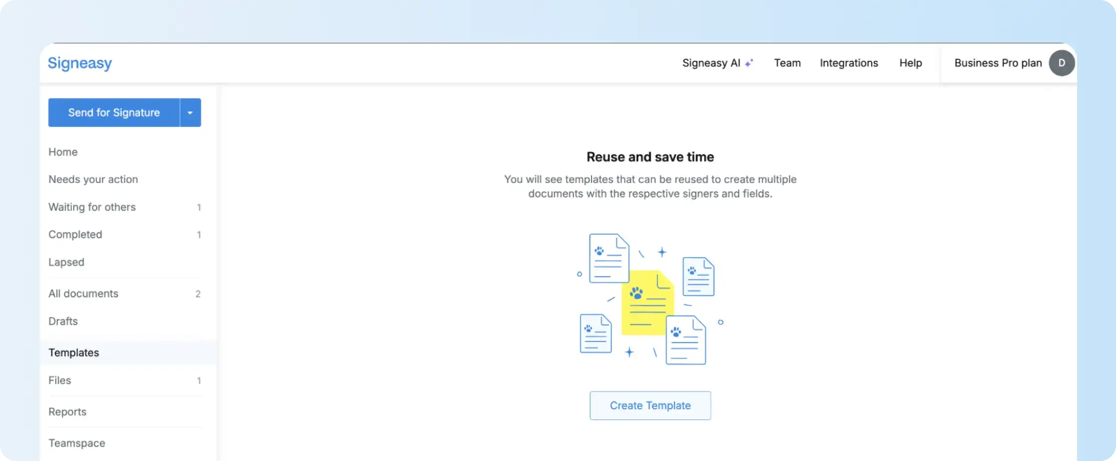 Signeasy reusable template for repeat business signature requests