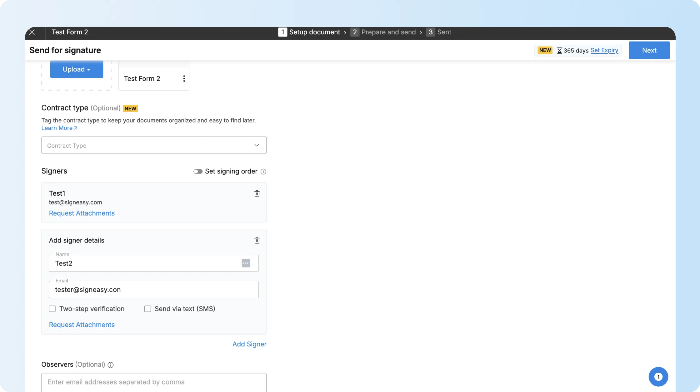 Signeasy preparing a document and setting signing order