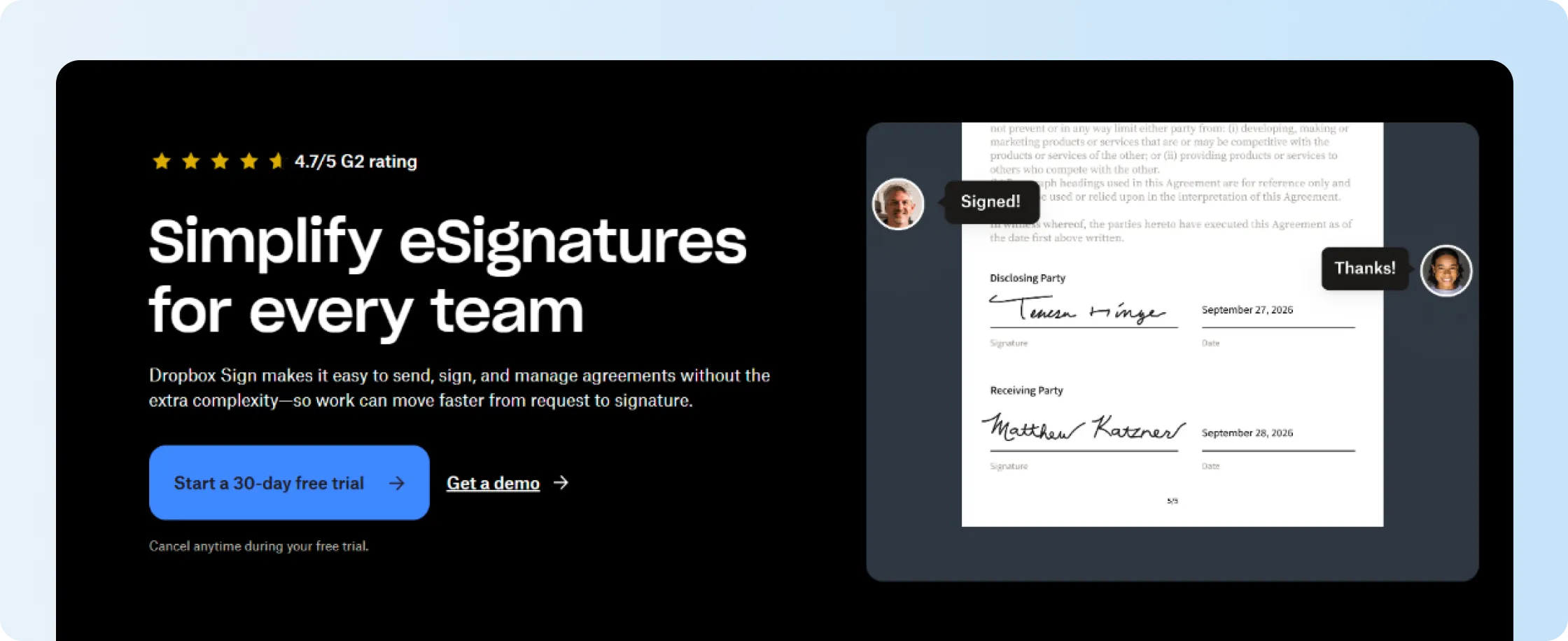 Dropbox Sign website highlighting online signature requests