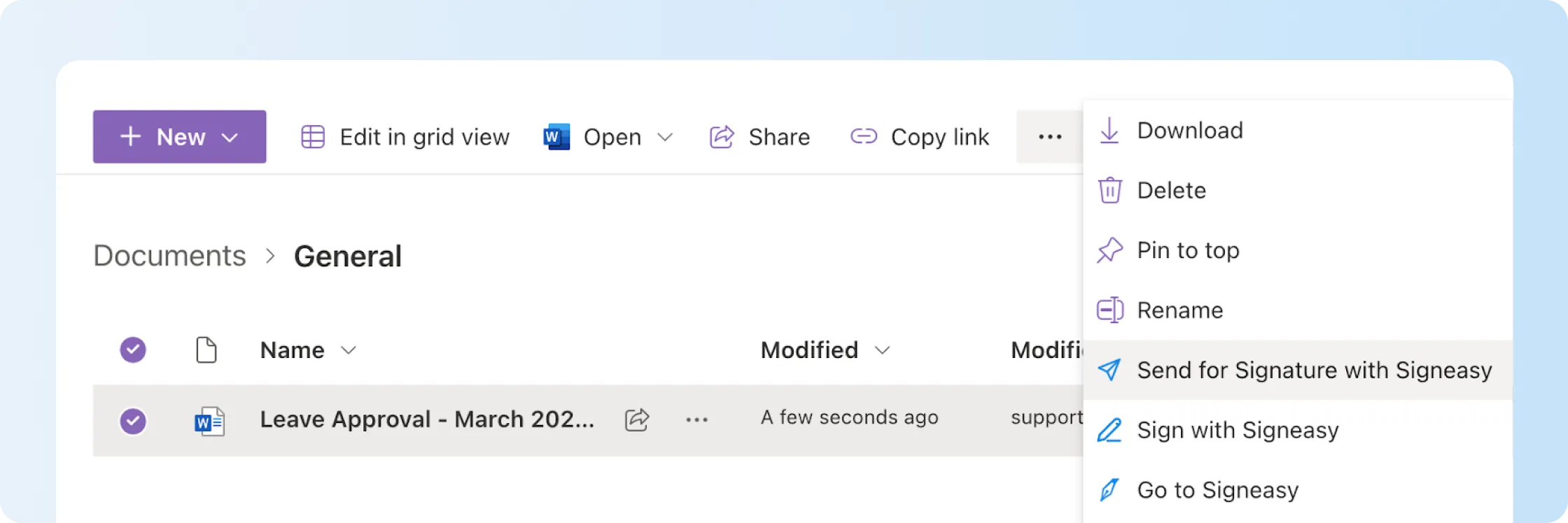 Signeasy SharePoint workflow for sending contracts for signature