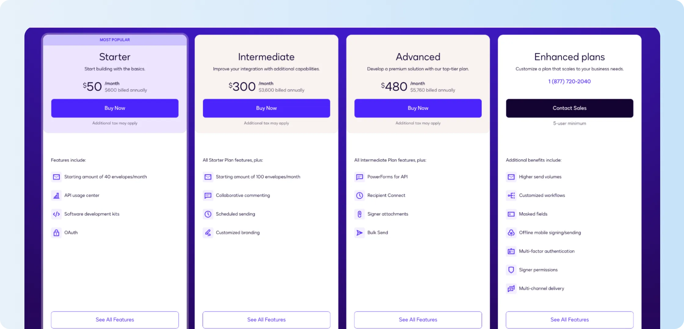 DocuSign API pricing for Starter, Intermediate, Advanced, and Enhanced plans