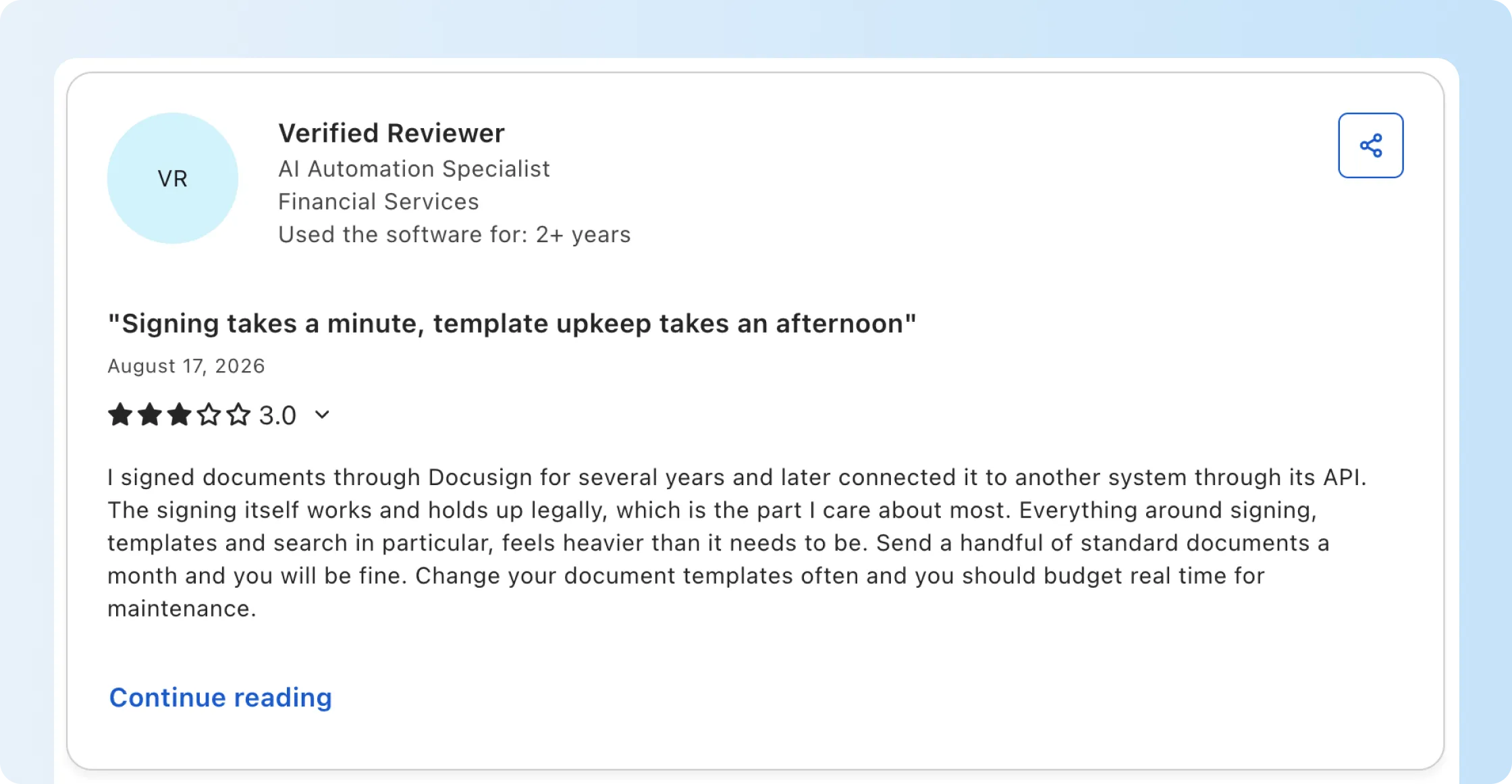 Capterra review describing Docusign API template maintenance problems after document layouts change