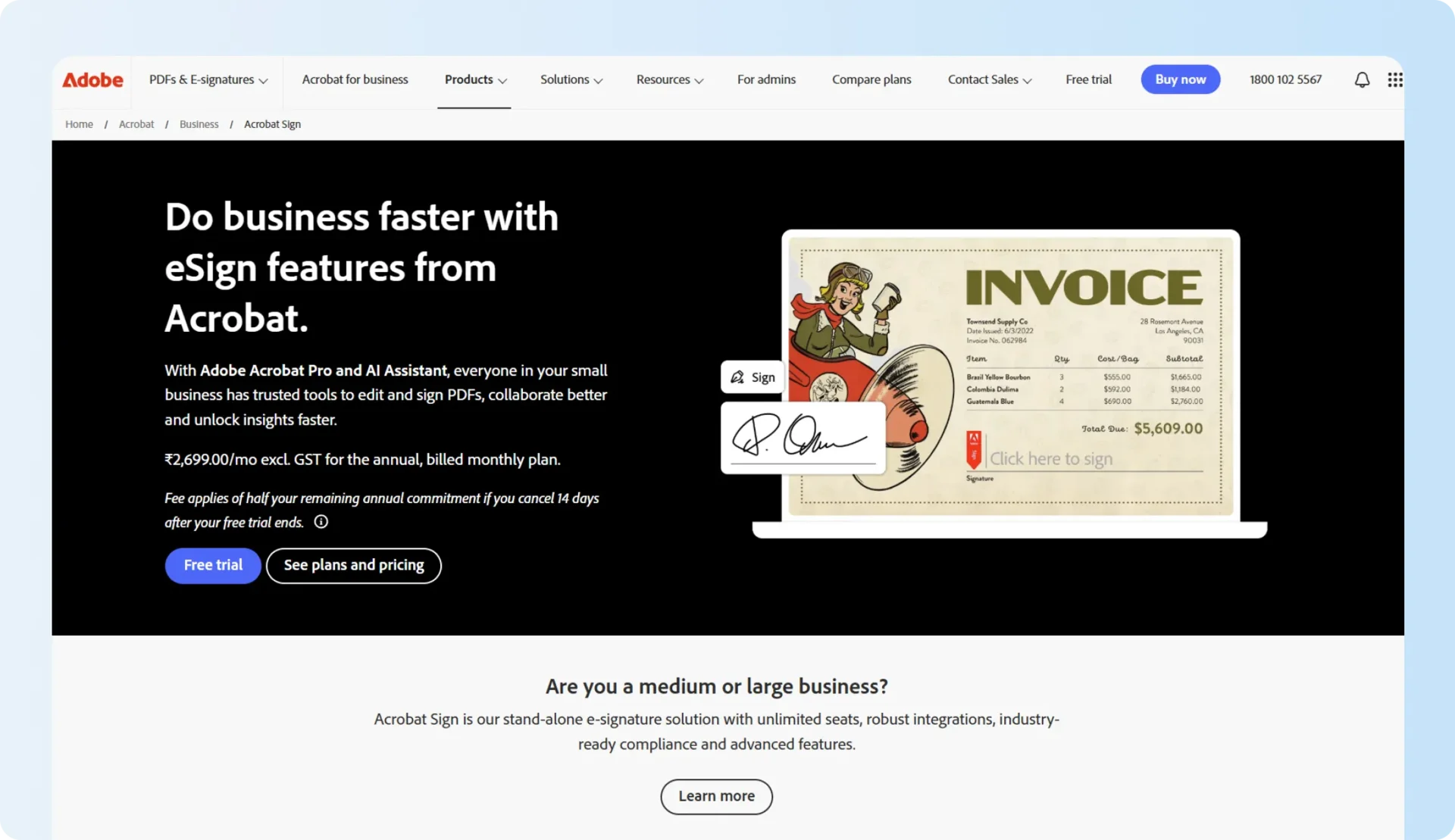 Adobe Acrobat eSignature product page and signature interface