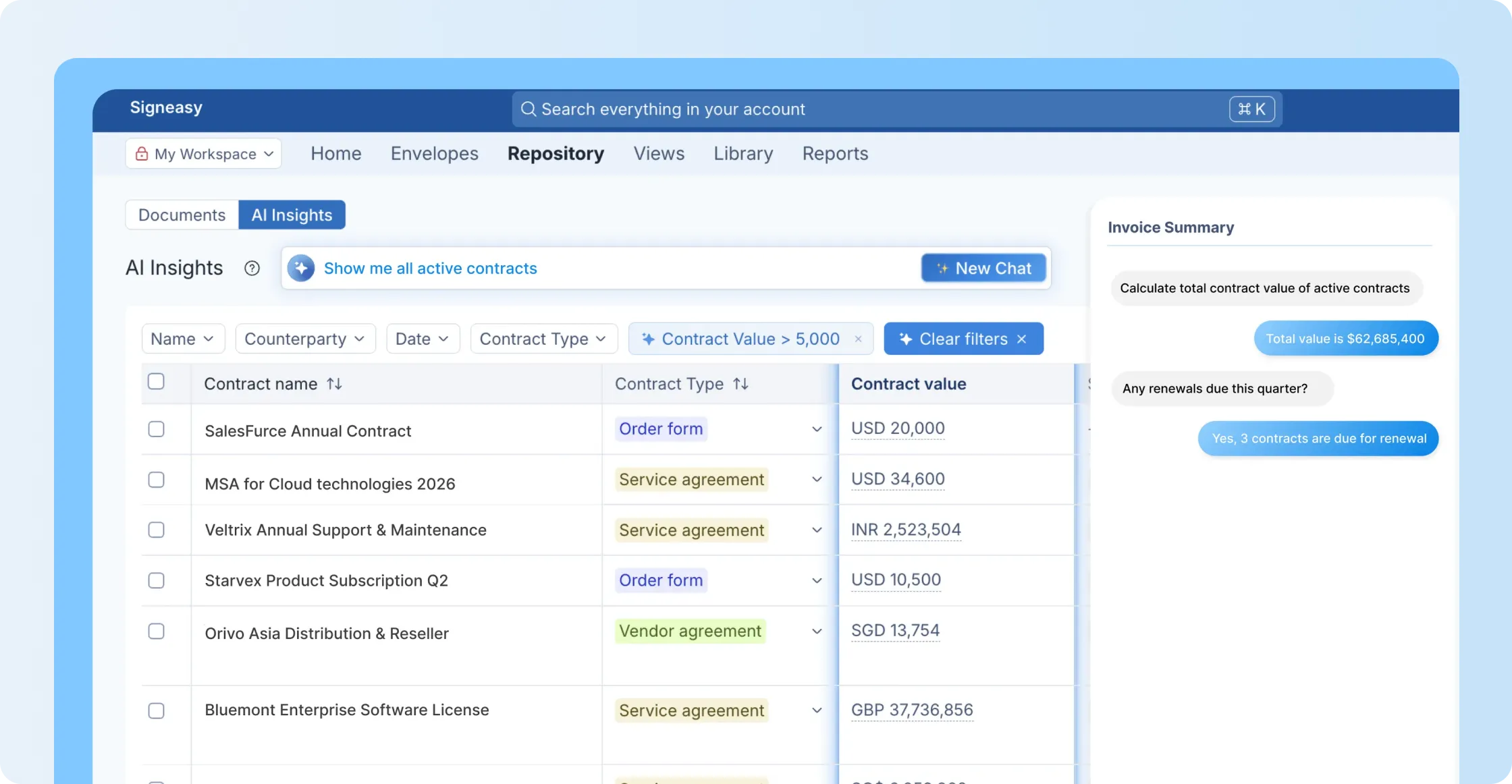 Signeasy conversational AI search returning contract information and related records.