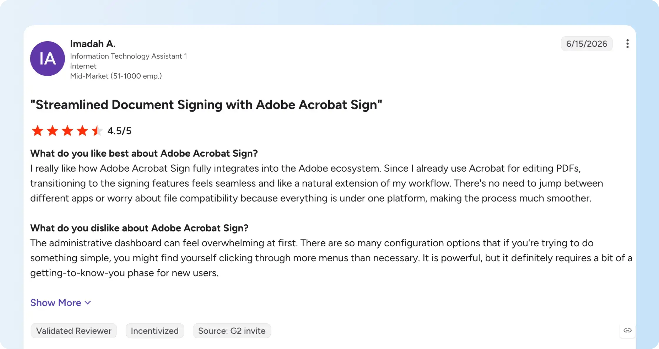 Adobe Acrobat Sign user praises signing and tracking but describes setup challenges.
