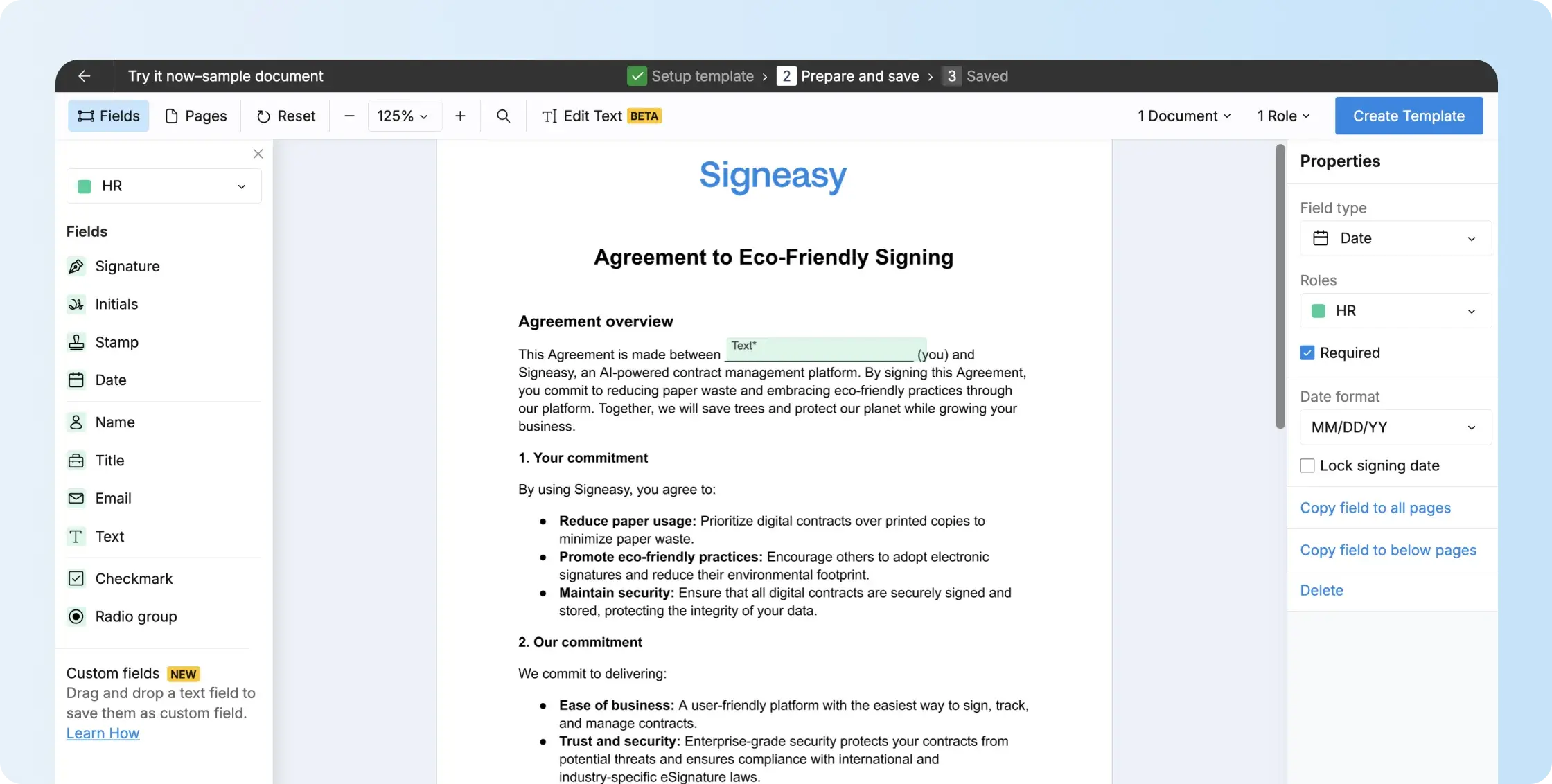 Signeasy template editor showing an agreement with signature fields and template settings.