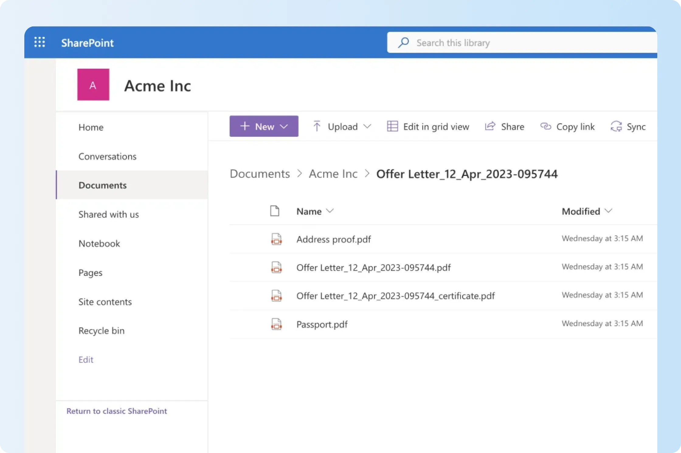 Signeasy send-for-signature option inside Microsoft SharePoint.