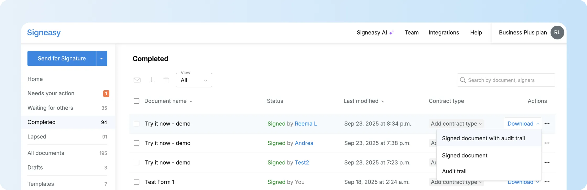Signeasy completed document with options to download the signed file and audit trail.
