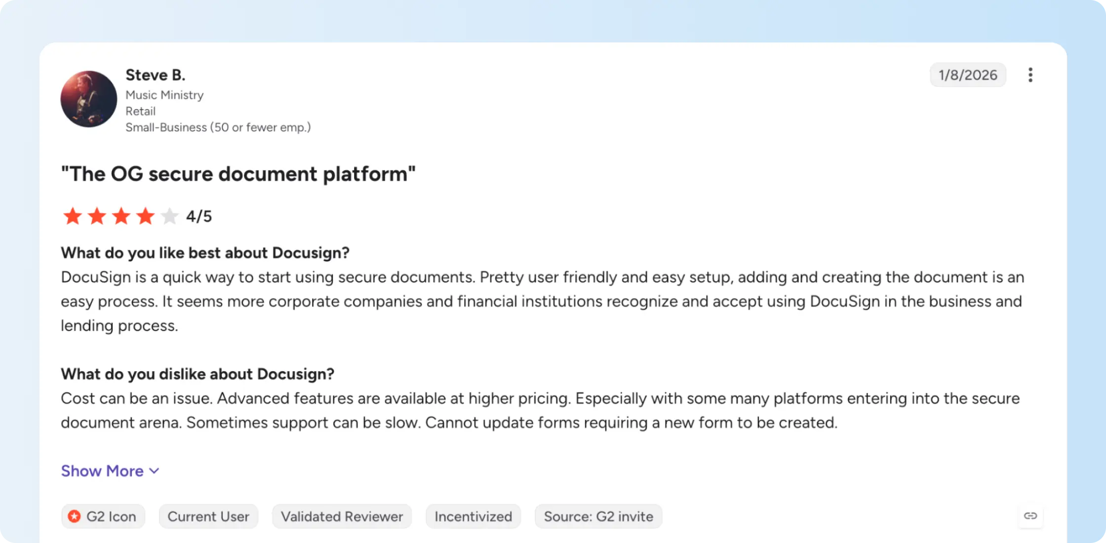 Docusign user praises document setup while noting workflow restrictions.
