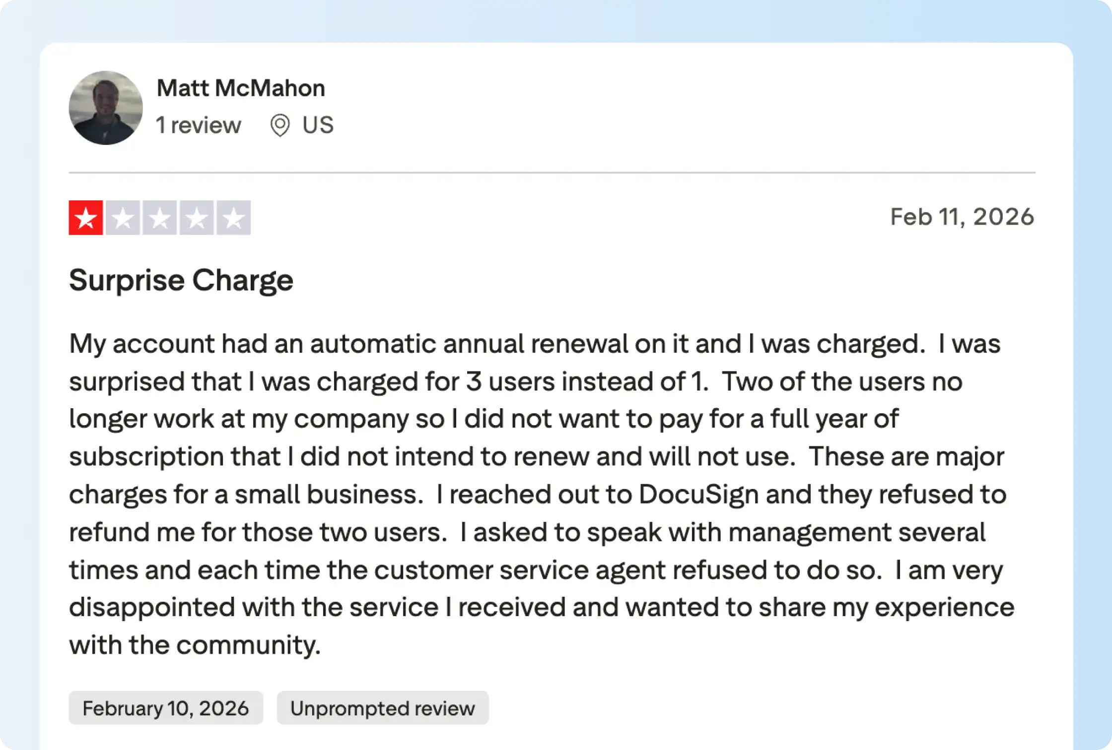  Docusign customer describes a disputed renewal charge involving multiple seats