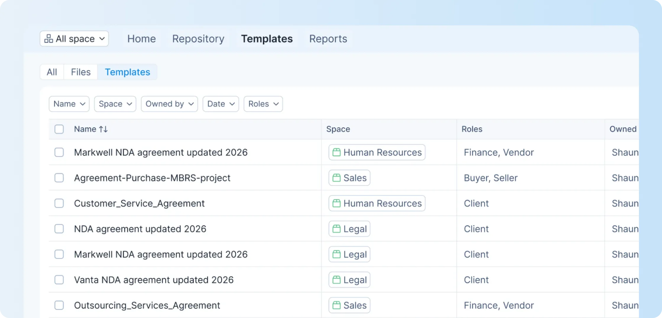 Signeasy template library showing reusable agreements and their assigned roles.