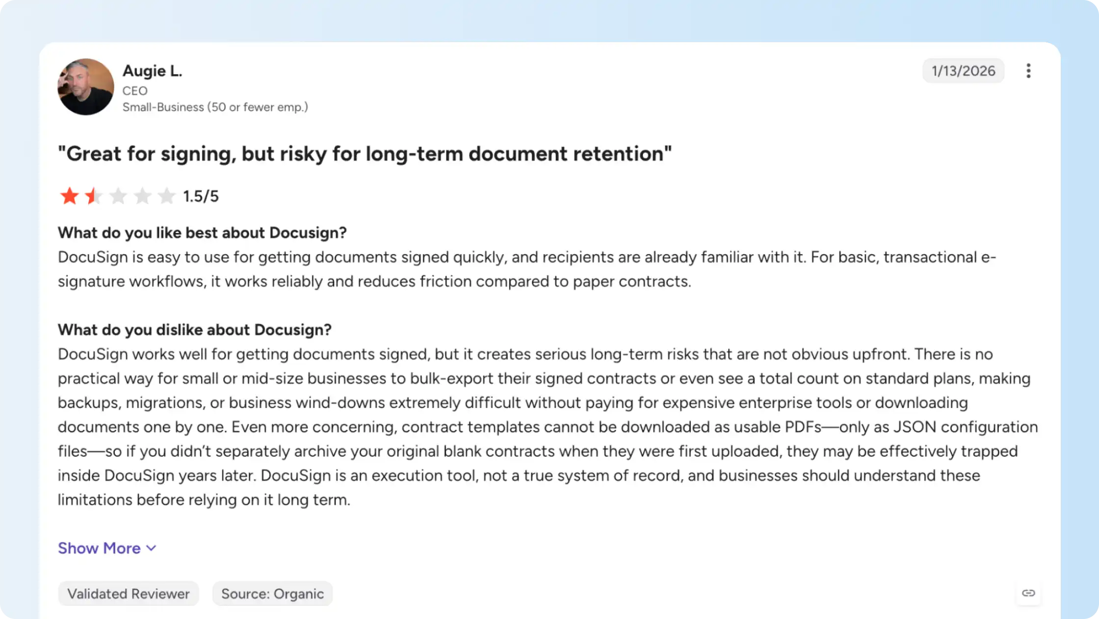 DocuSign user values signing but reports difficulty exporting and finding documents.
