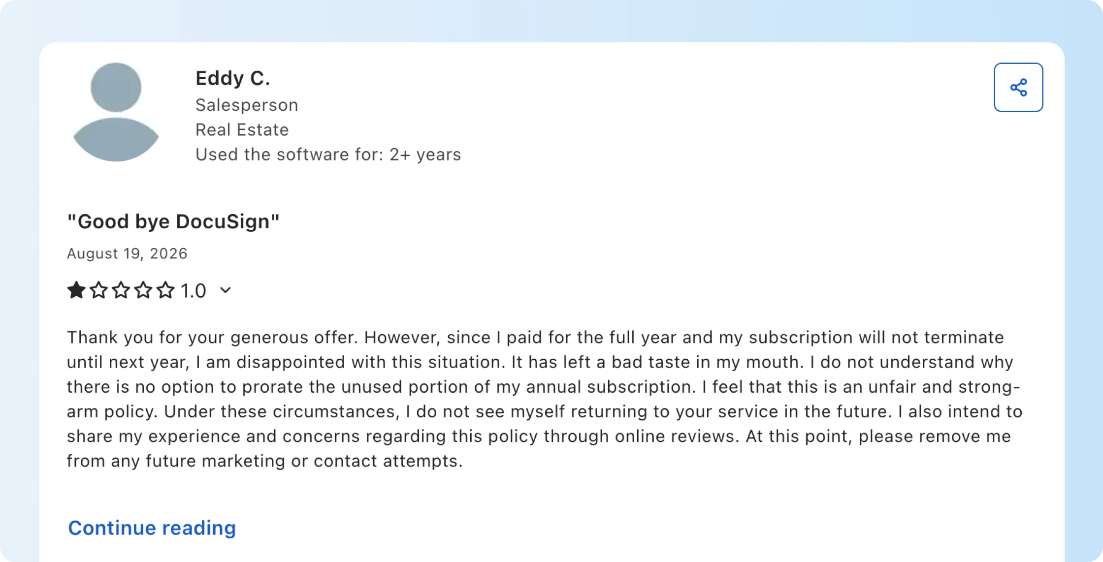 Docusign customer discusses annual subscription cancellation terms and refund concerns.
