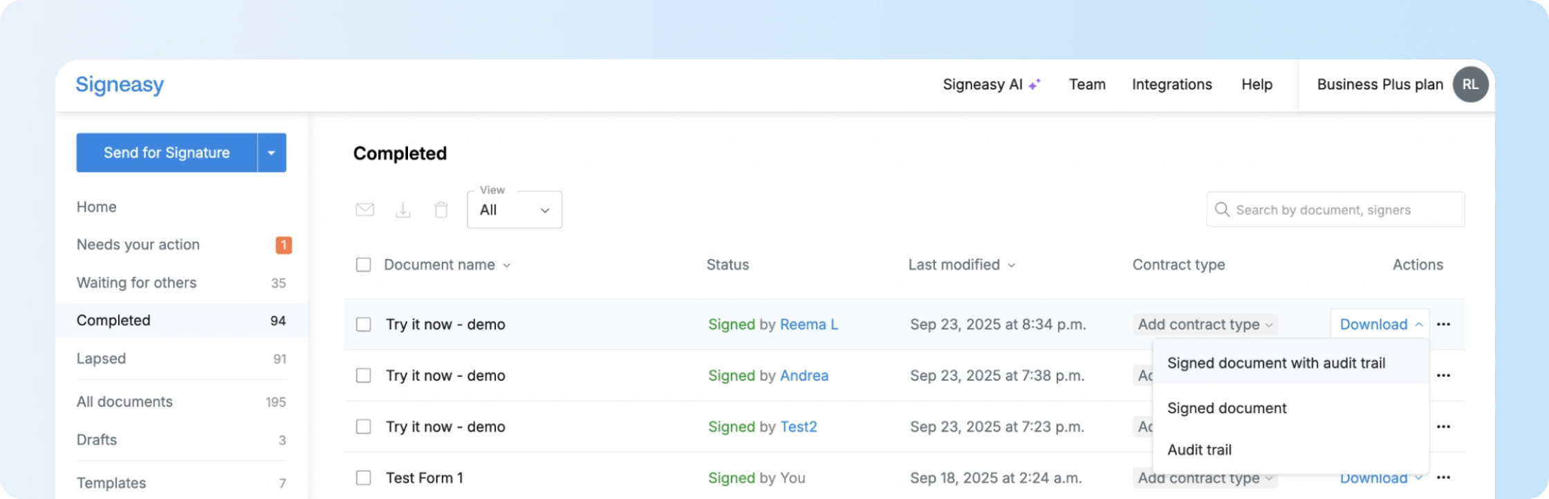 Signeasy completed contract with options to download the signed document and audit trail.