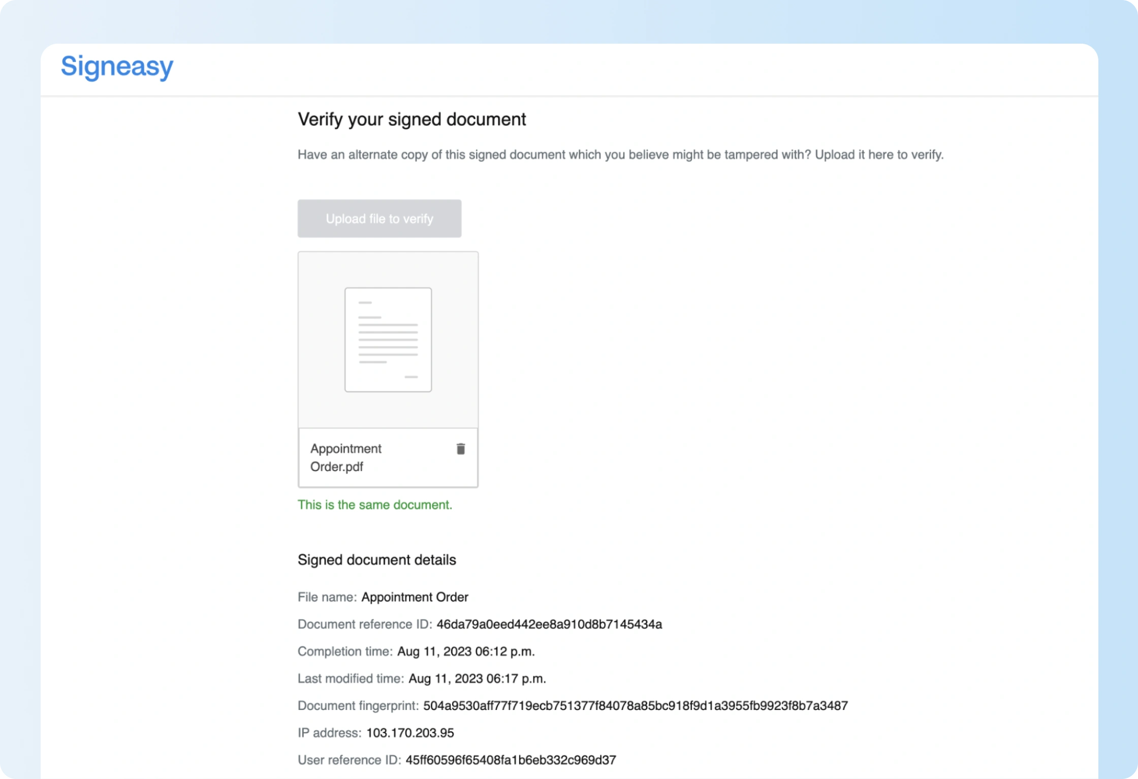 Signeasy document verification tool confirming a signed document matches the original completed copy.