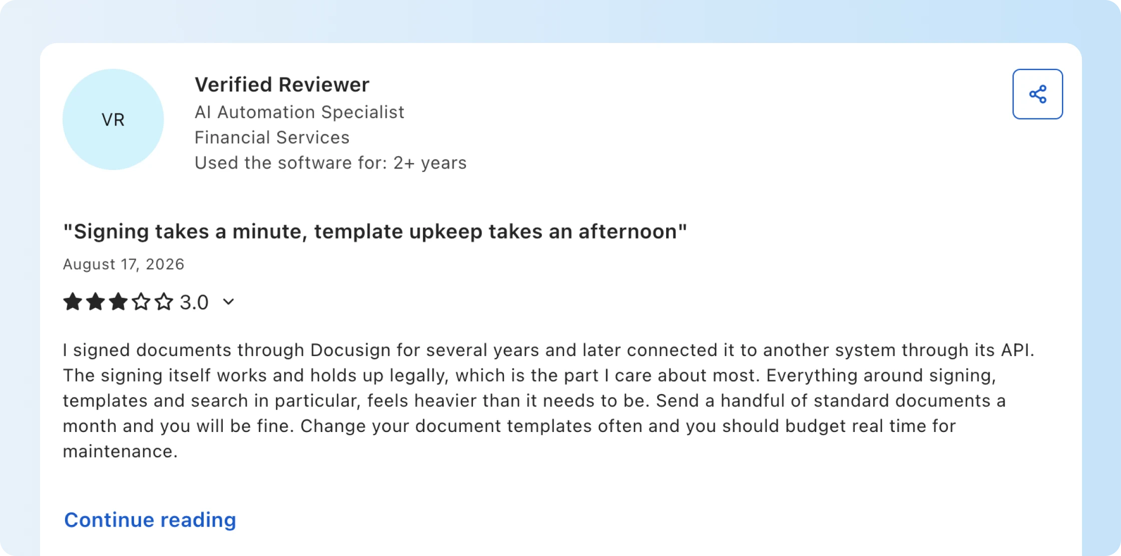 Docusign customer describes easy signing and time-consuming.