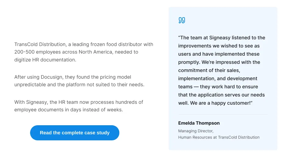 TransCold Distribution case study showing how Signeasy streamlined HR documentation and improved document processing.