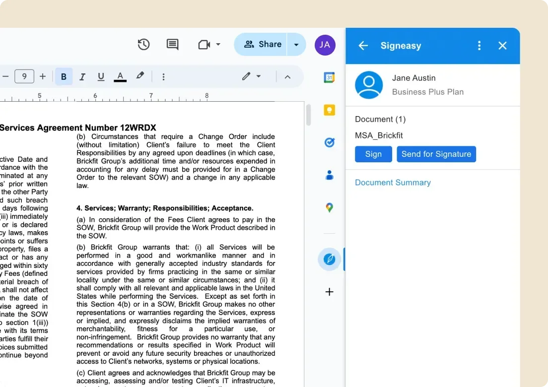 Google Docs services agreement with the SignEasy add-on for signing and sending documents for signature.