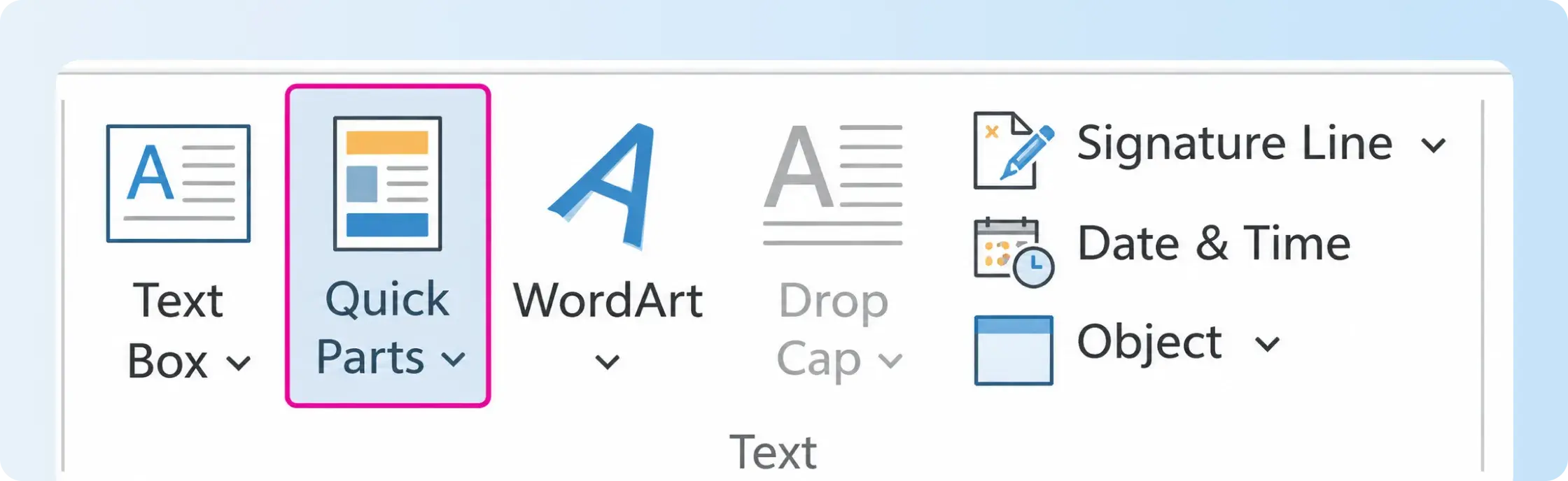 Microsoft Word Quick Parts menu used to insert signature in Word with AutoText.