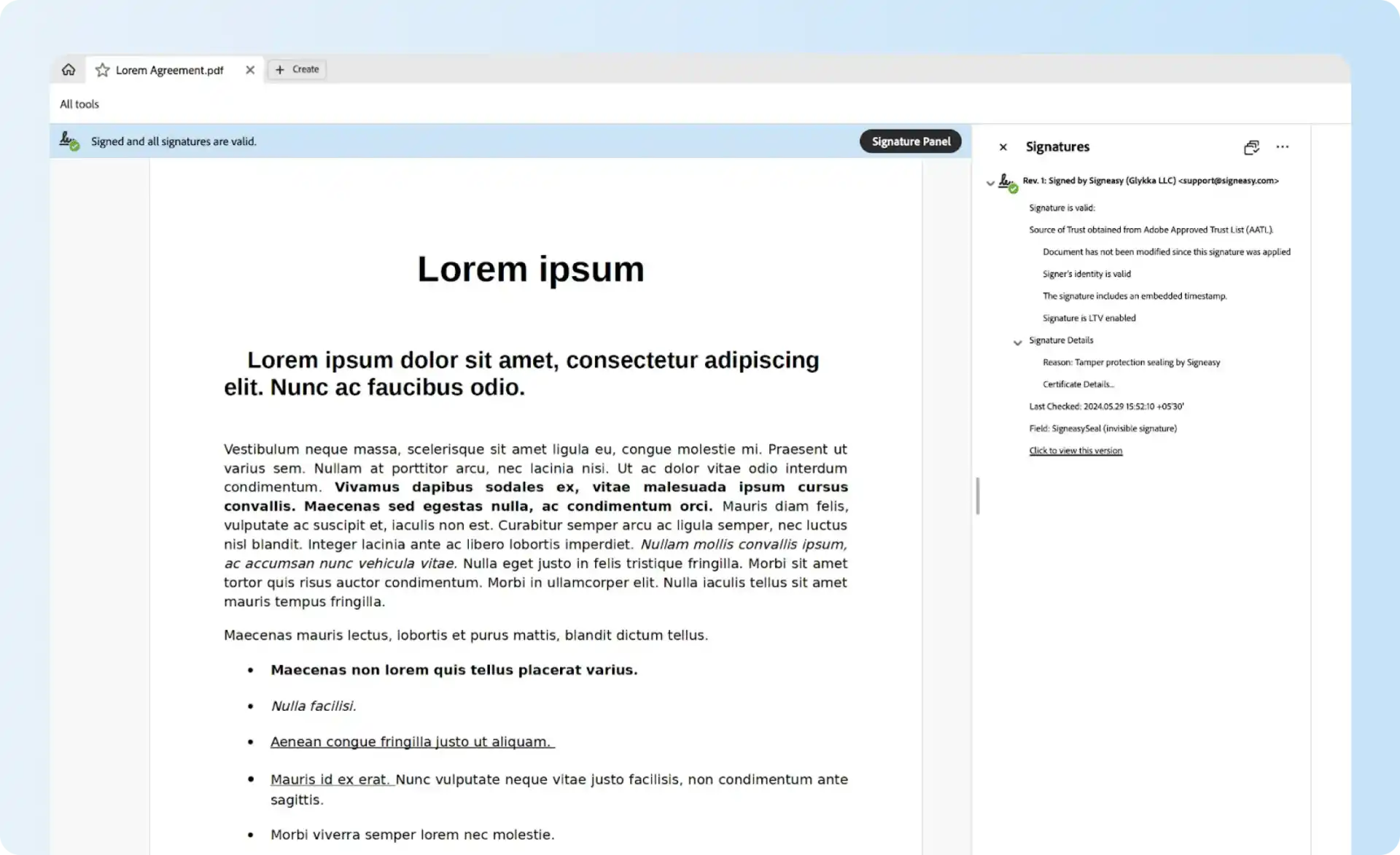 PDF reader verifying a Signeasy digital document seal and showing signature validity.