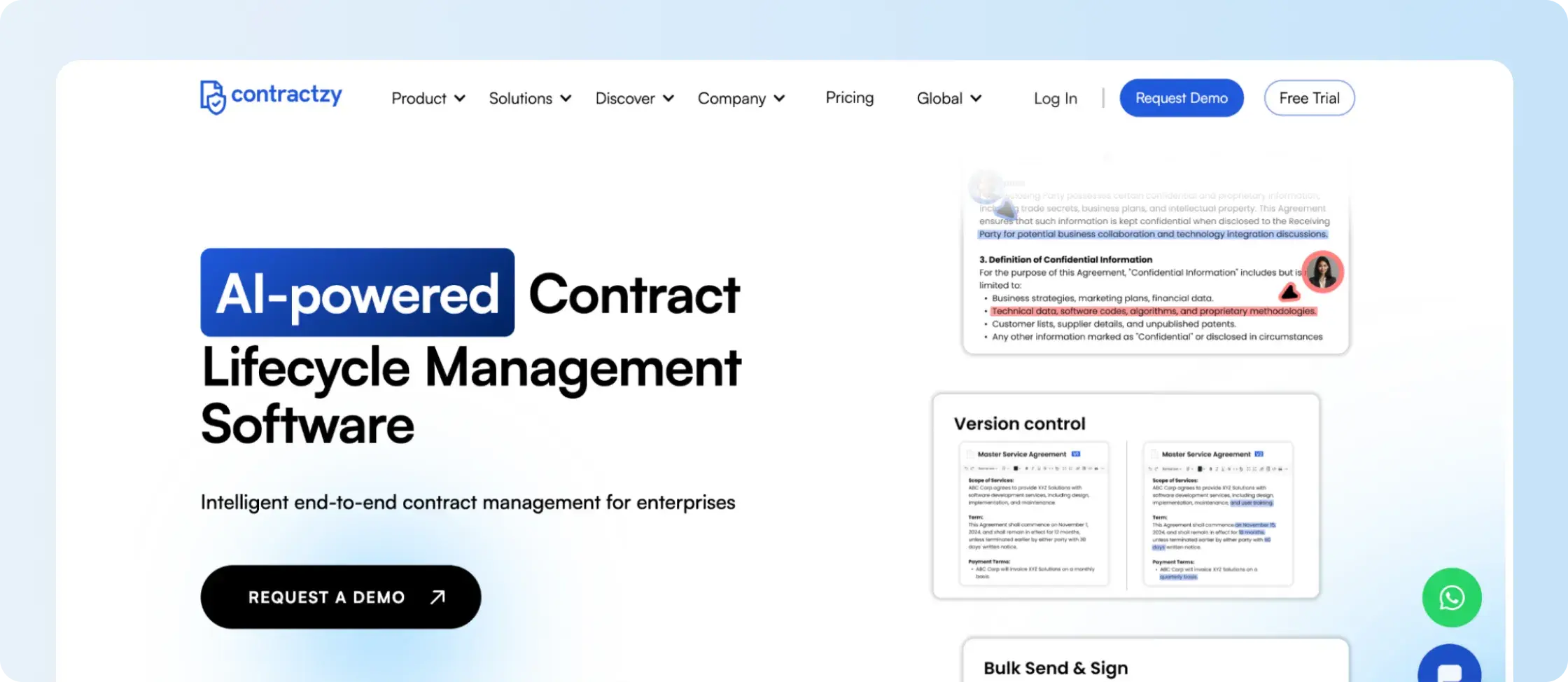 Contractzy contract lifecycle management interface showing contract approvals and agreement data