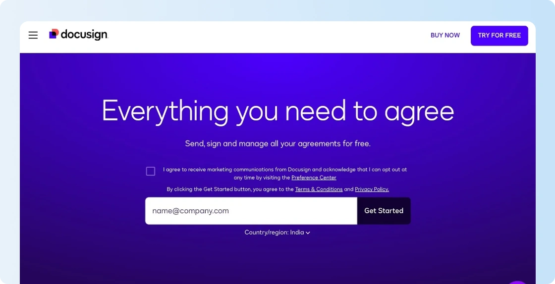 Docusign landing page promoting electronic agreement signing